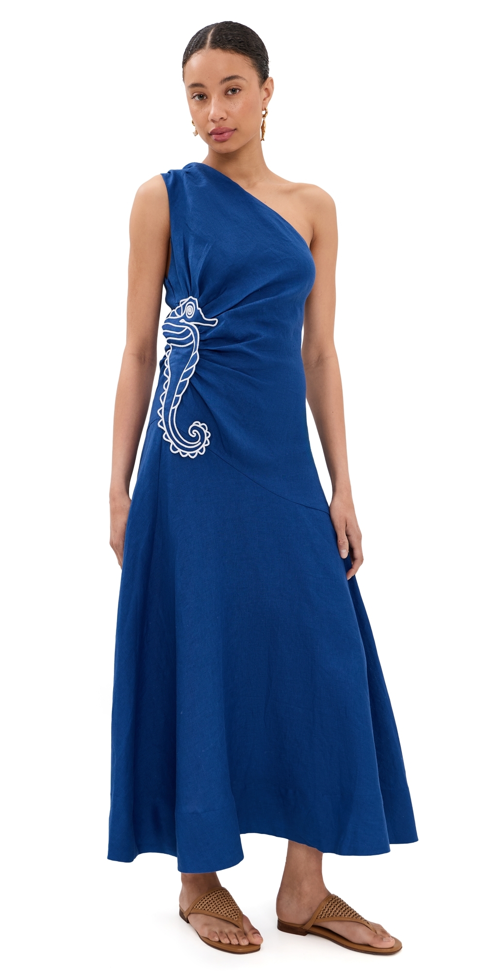 FARM Rio Seahorse Embroidery One Shoulder Maxi Dress Blue