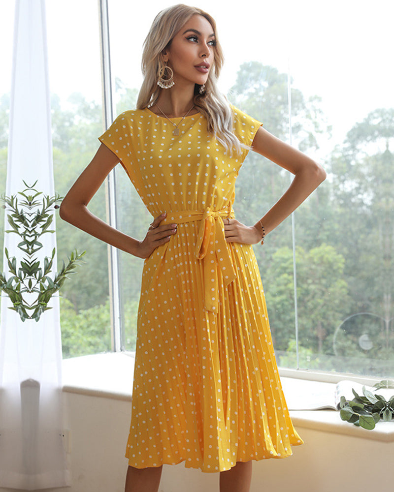 Polka Dot Midi Modest Summer Dress for Women High Waist Short Sleeve with Belt - Yellow