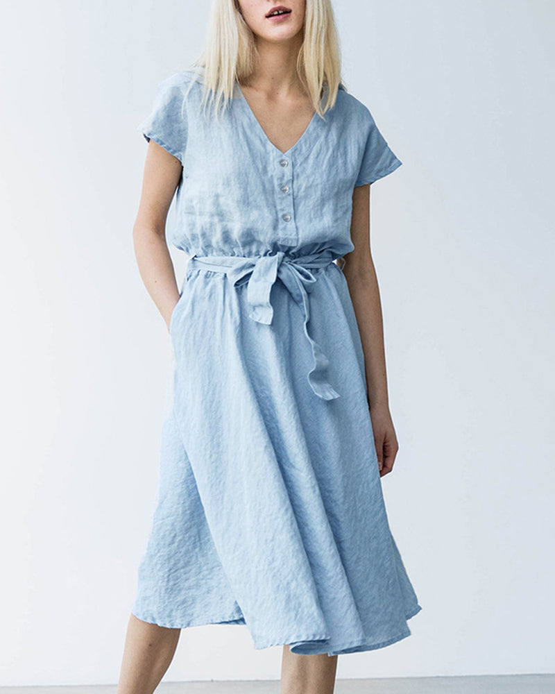 Summer Short Sleeve Button Holiday Party Dress Shirt Dress - Blue M