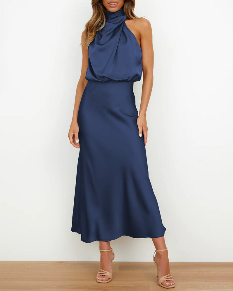 Long Formal Satin Dress Mock Neck High Neck Evening Dress - Navy blue L-