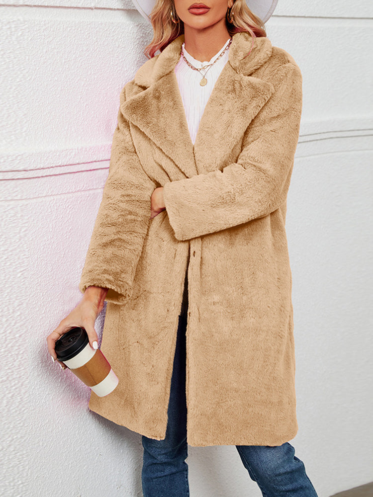 Fake Fur Teddy Coat Open Front Parka Outwear - Khaki L-