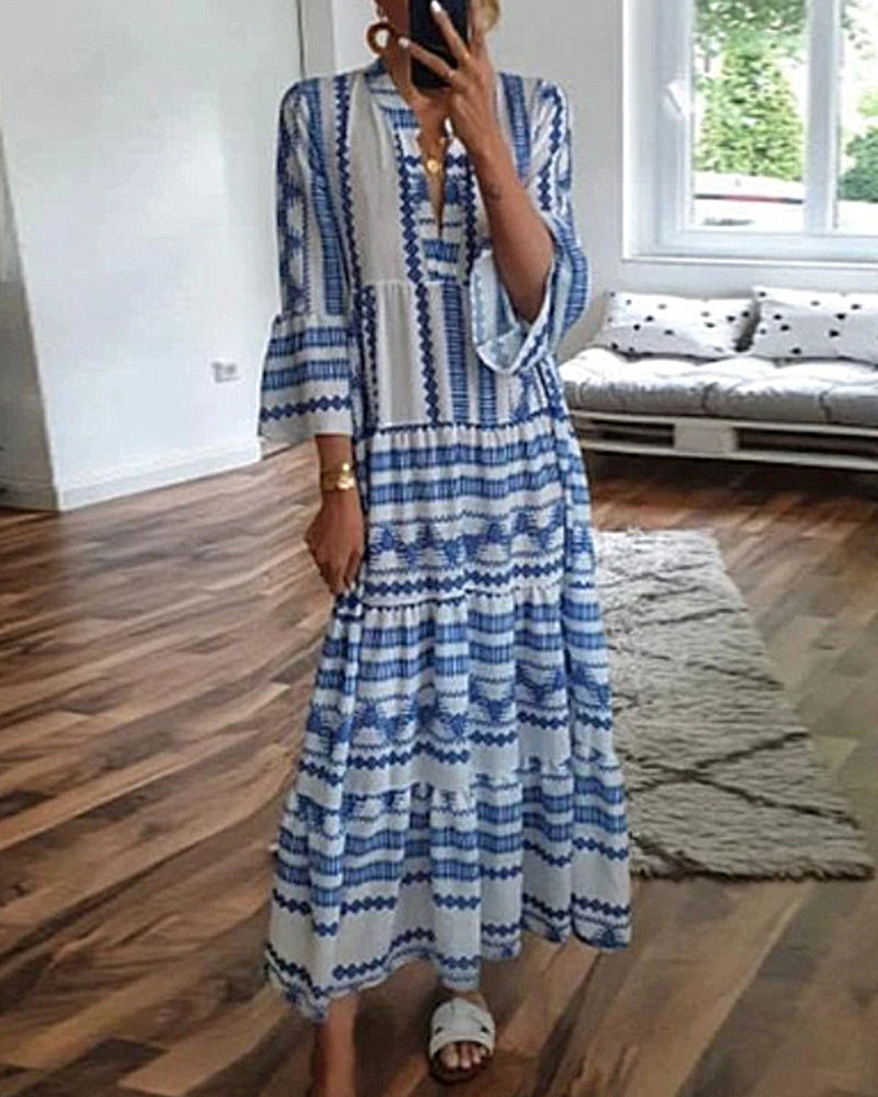 Printed Deep V Neck Long Sleeve Flared Sleeve Maxi Dress - Light Blue S
