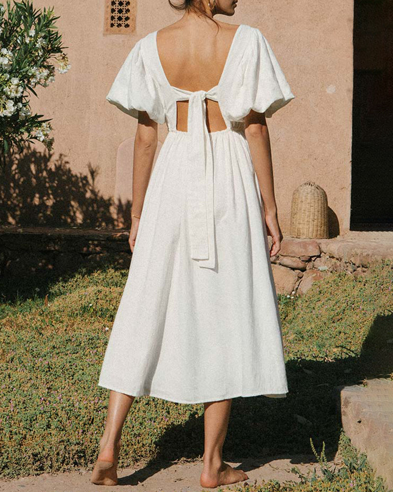 Puff Sleeve Deep V-Neck Open Back Tie Elegant Long Dress - White