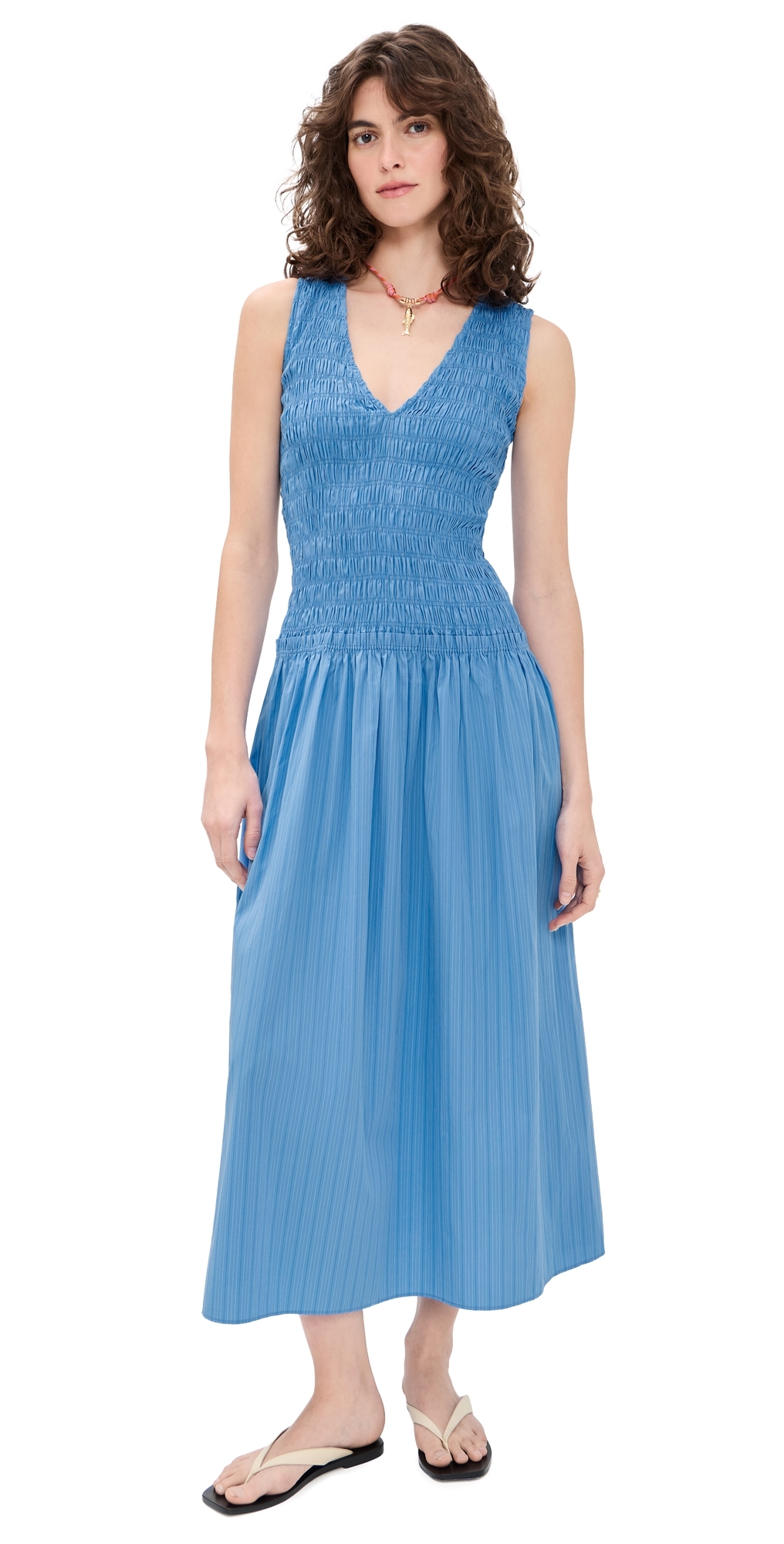FAITHFULL Palomar Midi Dress Micro PinstripeAzul
