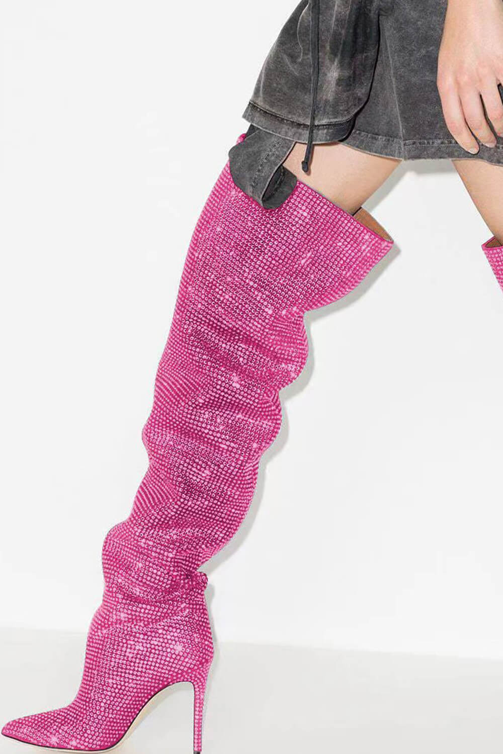 Crystal-Embellished Point Toe Over The Knee Slouch Stiletto Heeled Boots - Hot Pink -