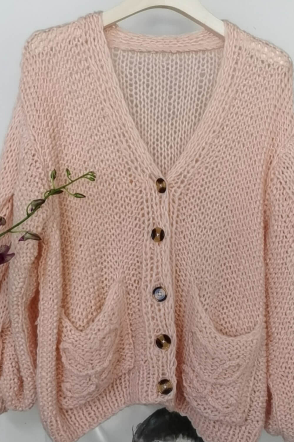 Mohair-Blend Balloon Sleeve Button Up Pouch-Pocket V Neck Cardigan - M Pink