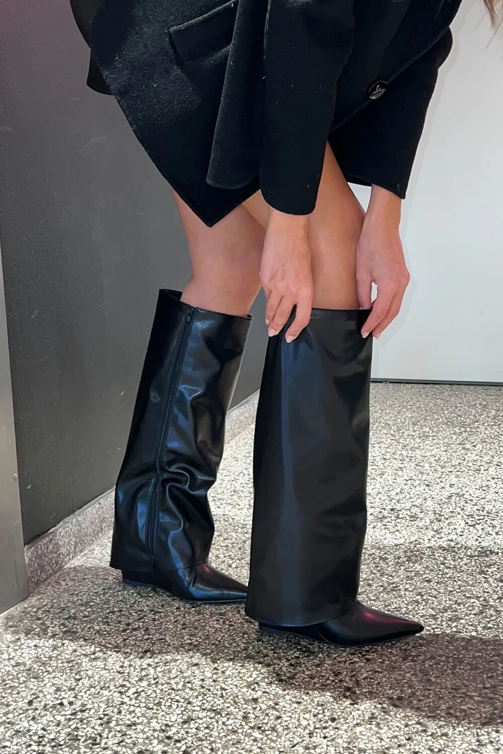 Faux Leather Folded Over Wedge Heeled Knee High Boots -