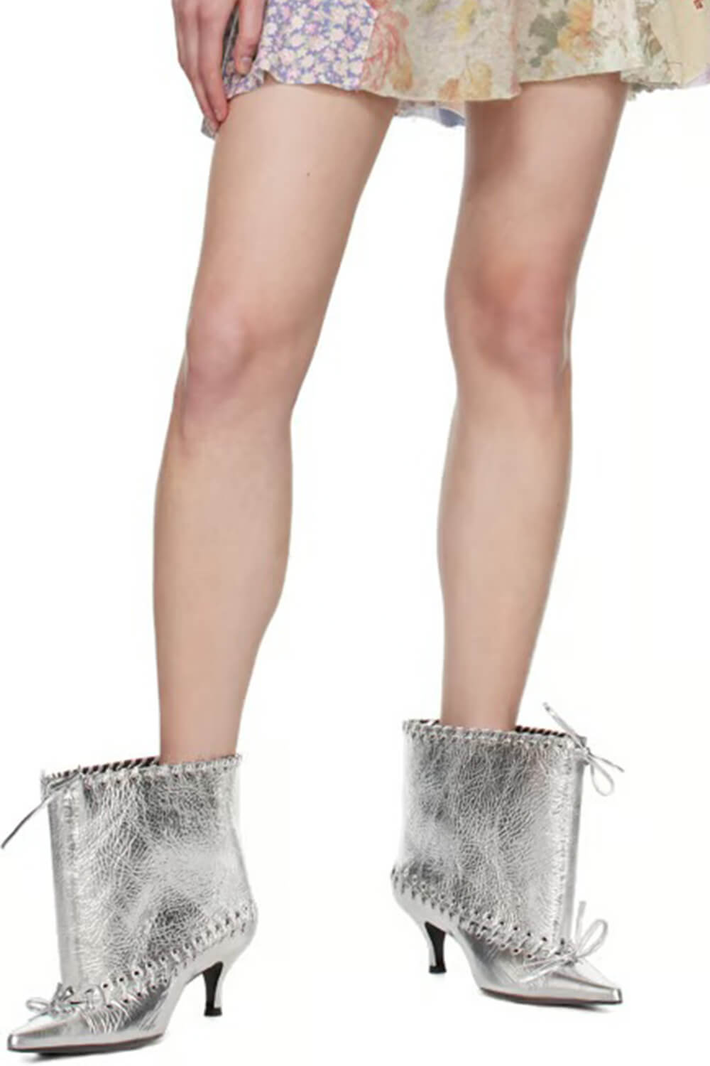 Metallic Pointed Toe Ankle Stiletto Boots With Lacing Details -