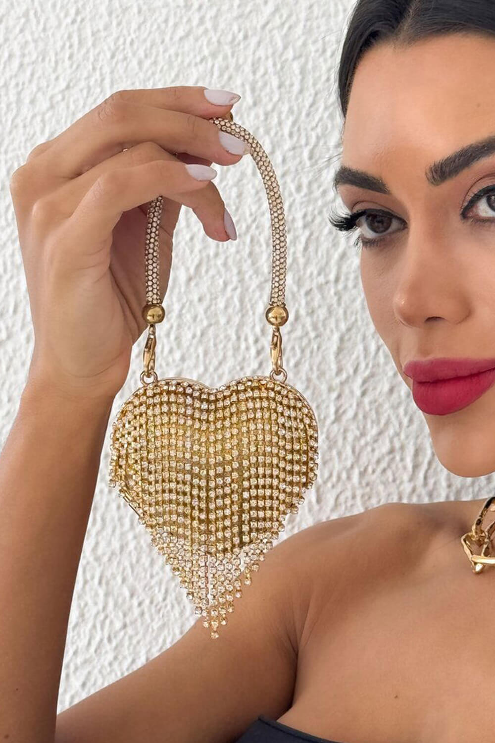 Rhinestone Heart-Shaped Evening Mini Clutch Bag With Fringe - Onesize Gold