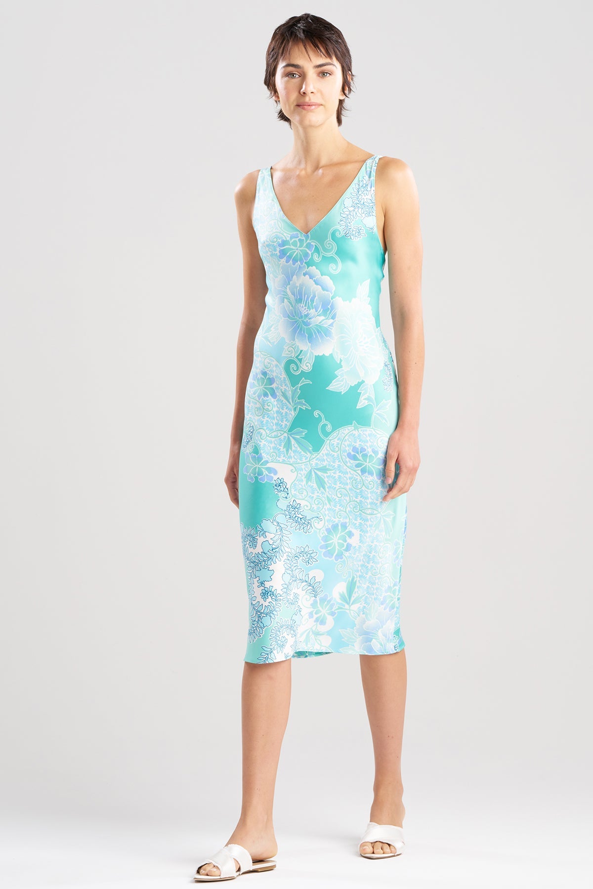 Flourish Printed Satin Slip Dress - Aqua Blue X