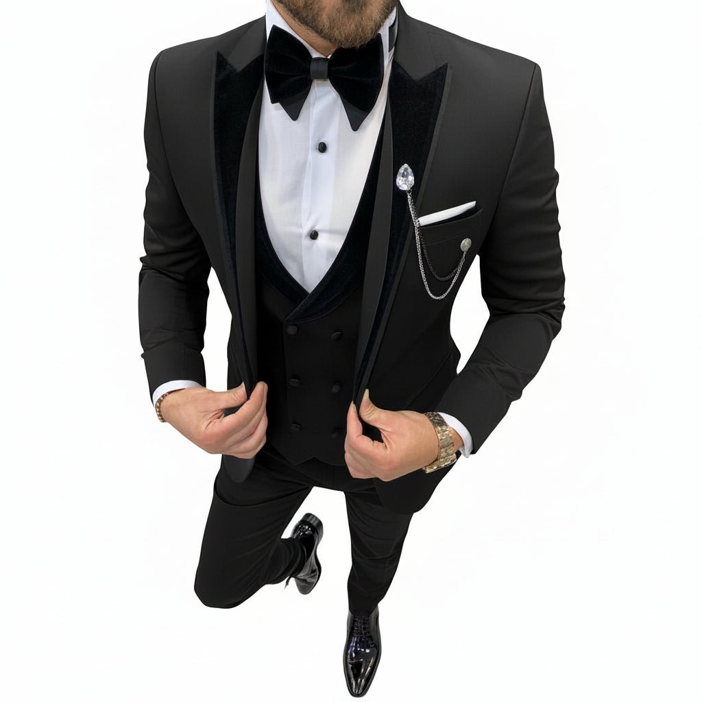 Menseventwear Formal Pieces Mens Suit Classic Flat Peak Lapel Solid Tuxedos Blazer+vest+Pants