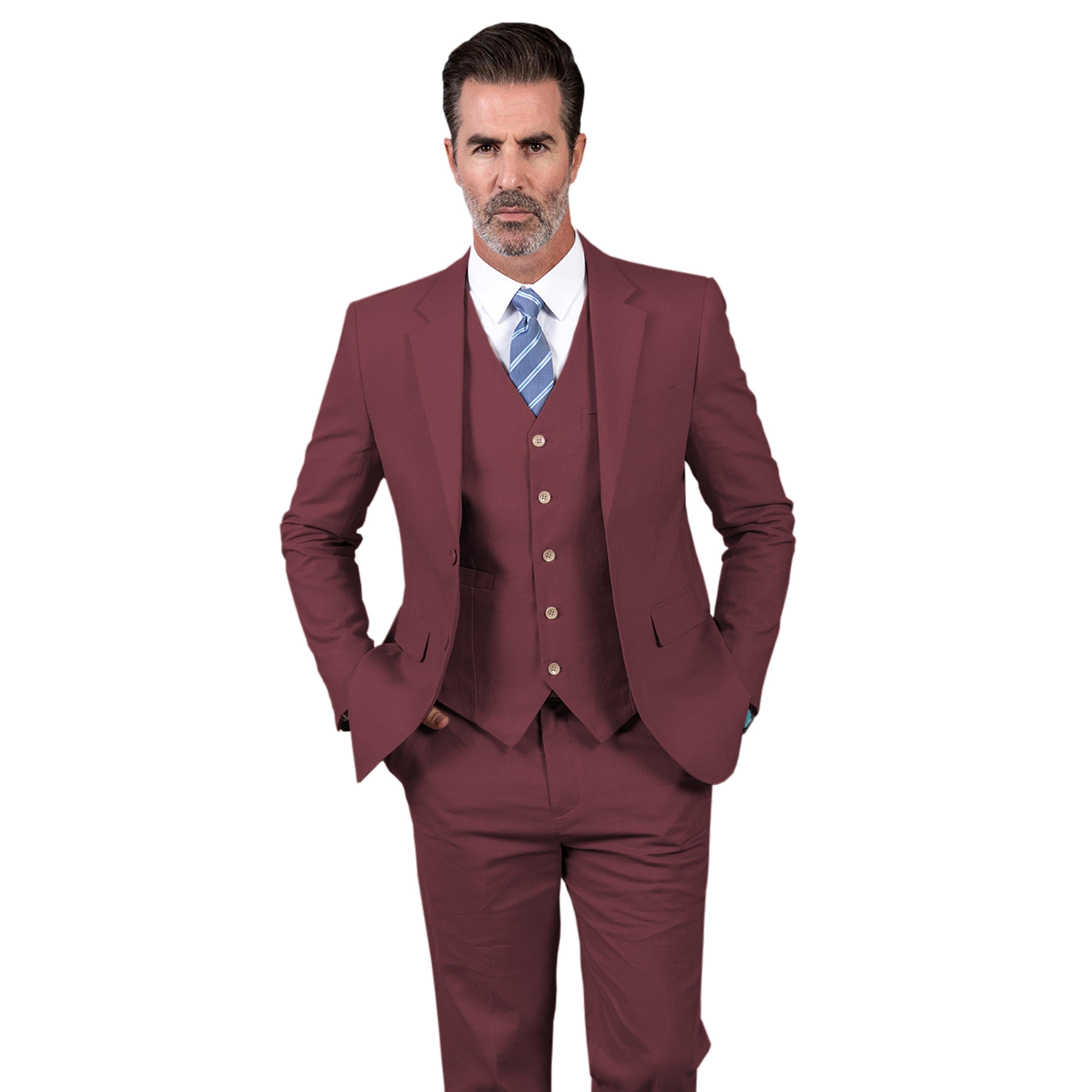 Formal Pieces Mens Suit Flat Linen Notch Lapel SuitBlazer+Vest+Pants - Burgundy Size Customisation
