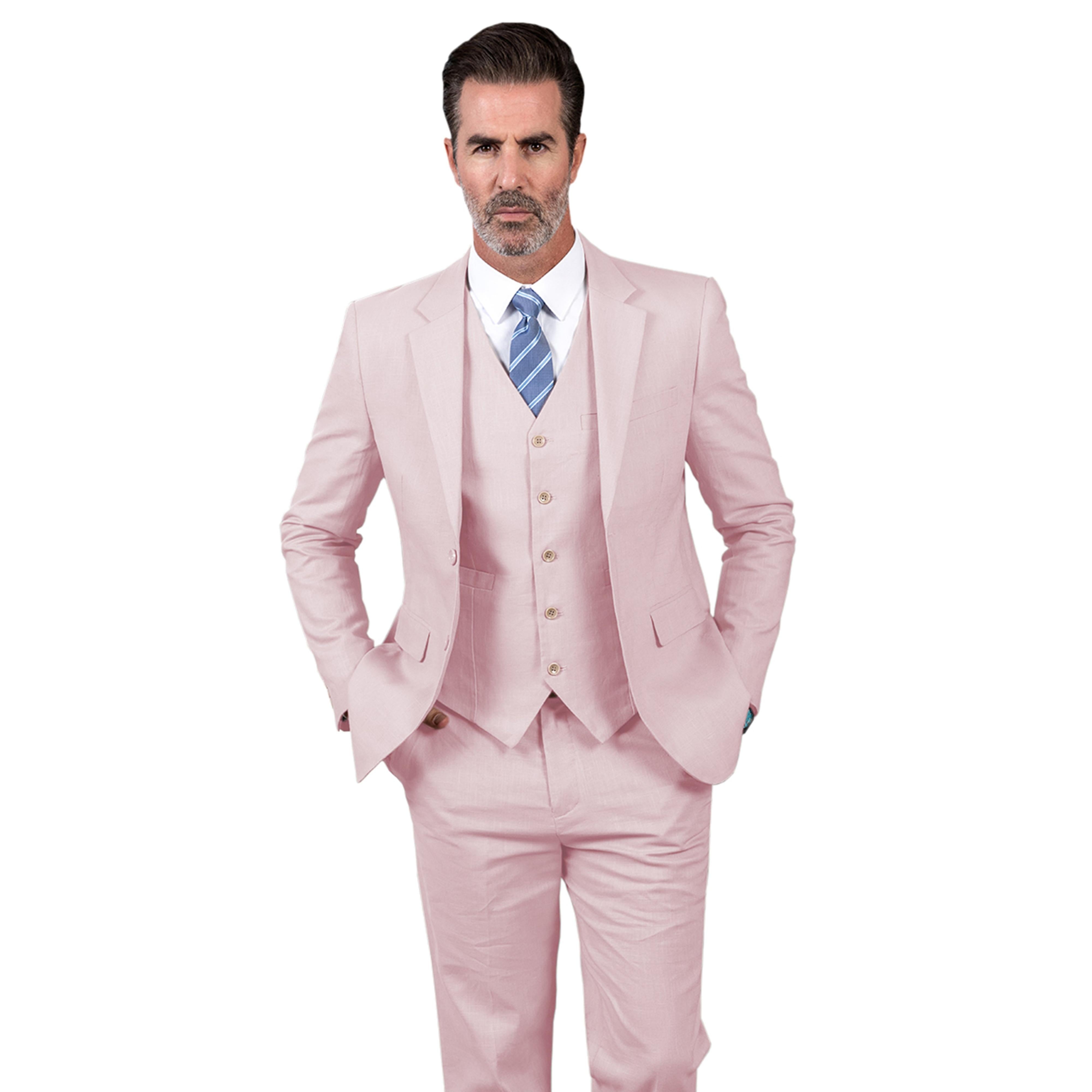 Formal Pieces Mens Suit Flat Linen Notch Lapel SuitBlazer+Vest+Pants - Pink Size Customisation