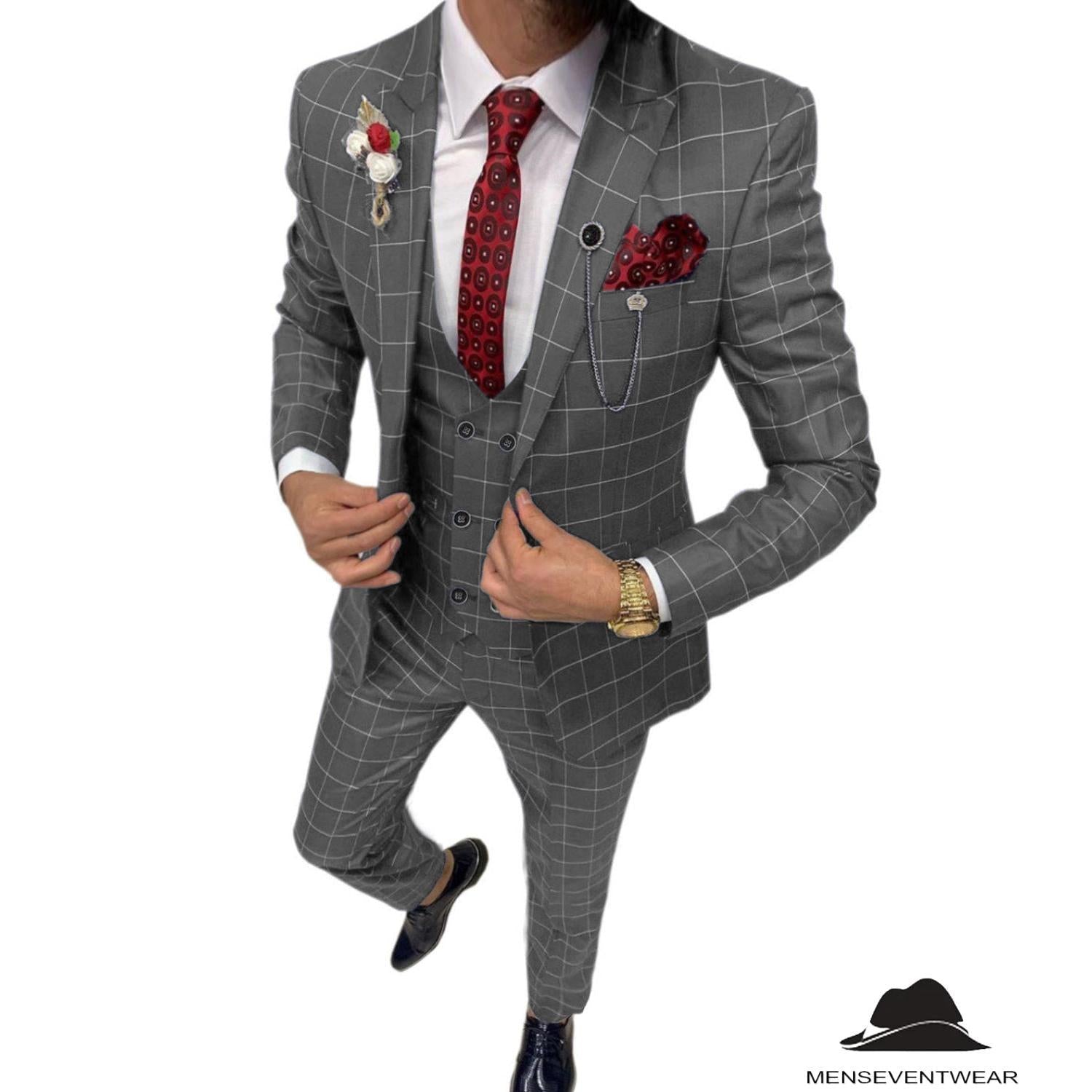 Menseventwear Formal Mens Suit Pieces Business Plaid Solid Peak Lapel Tuxedos Blazer+Vest+Pants