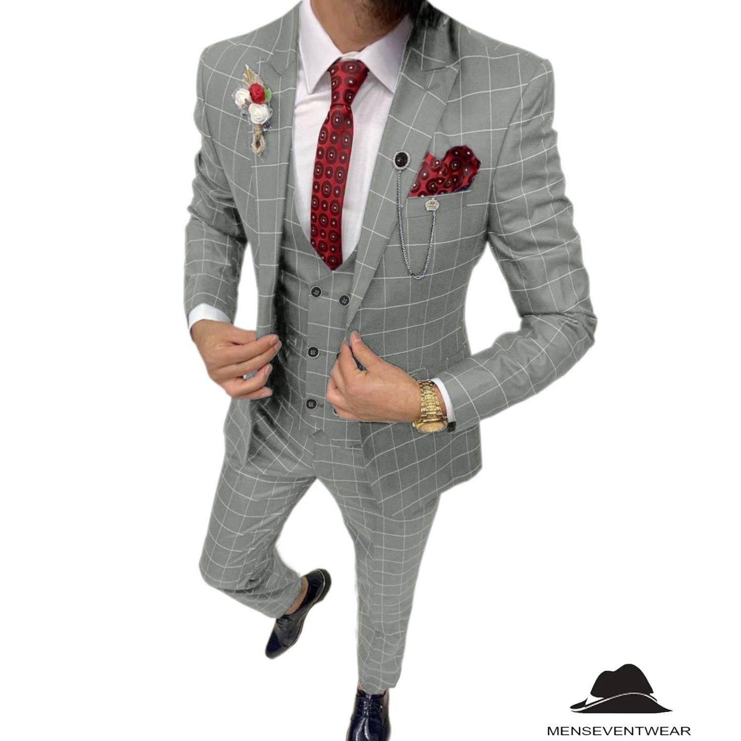 Menseventwear Formal Mens Suit Pieces Business Plaid Solid Peak Lapel Tuxedos Blazer+Vest+Pants