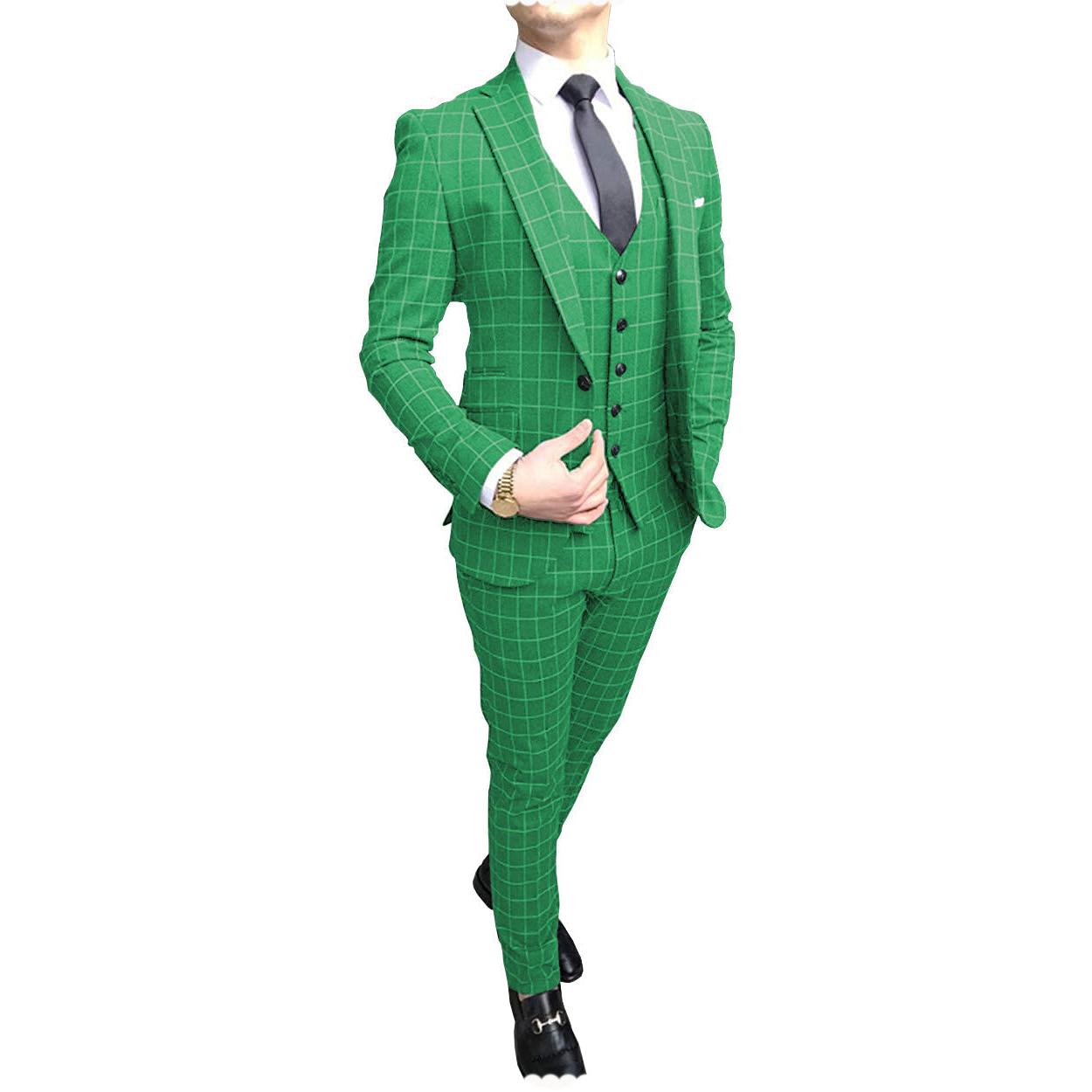 Menseventwear Formal Mens Suit Notch Lapel Blazer Plaid Pieces Blazer+vest+Pants