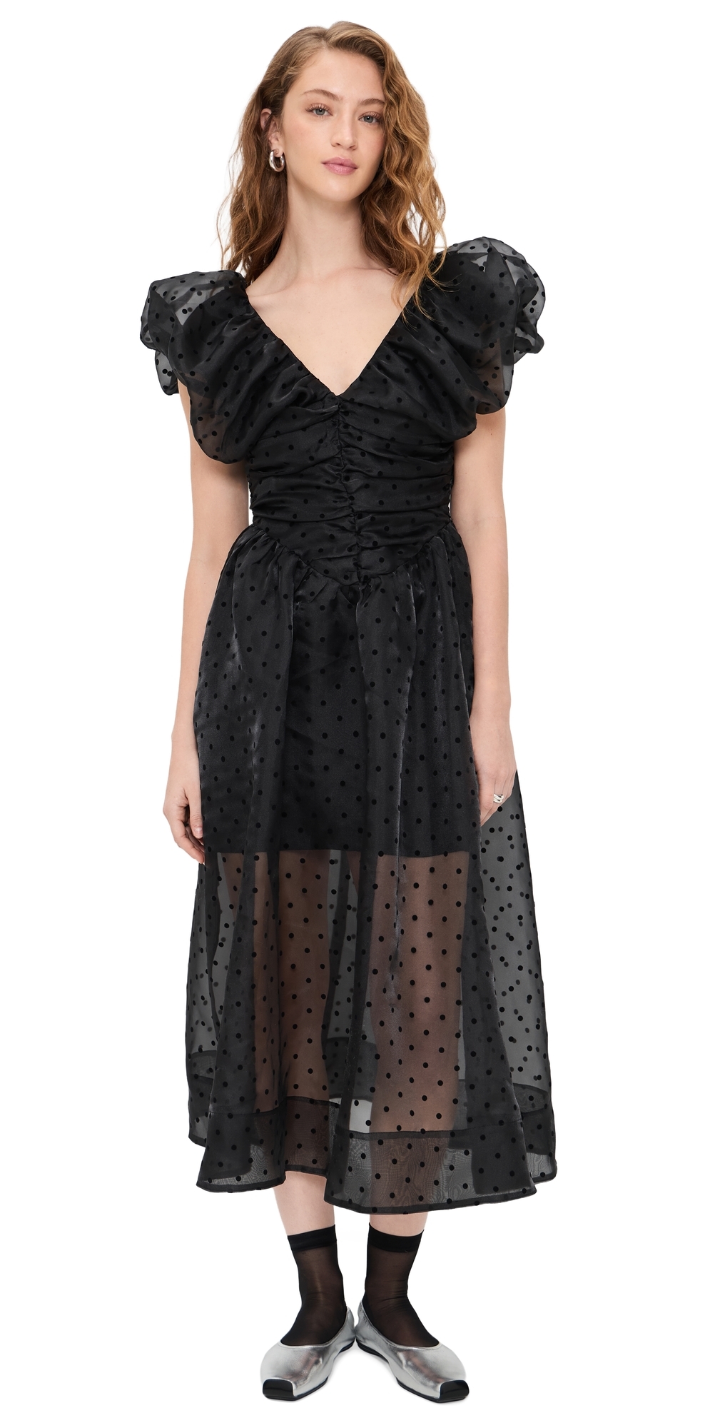 GANNI Flocked Organza Long Ruched Dress Black