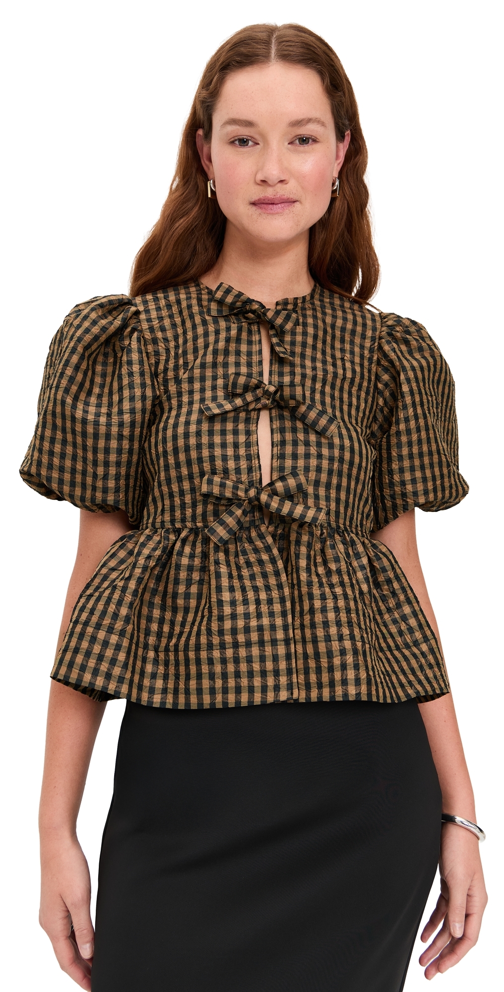 GANNI Crinkled Taffeta Check Peplum Blouse Tobacco Brown