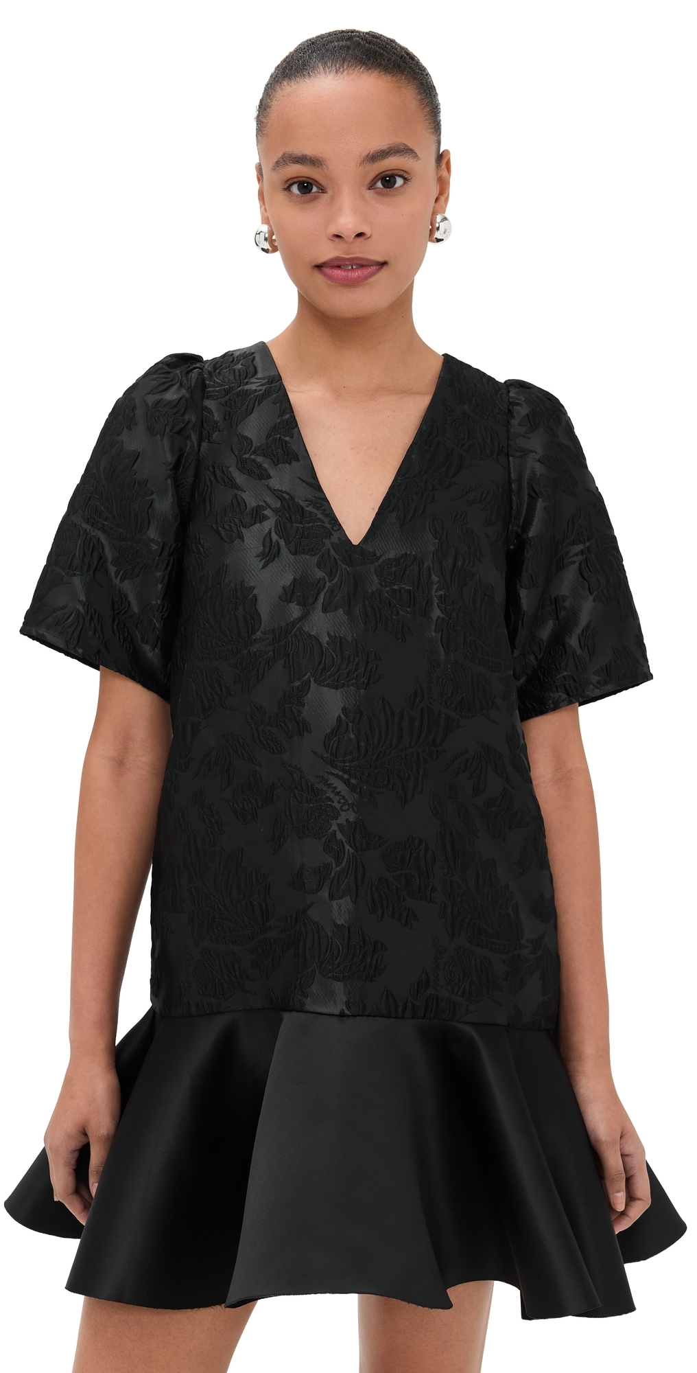 GANNI Satin Cloque Mini V Neck Dress Black