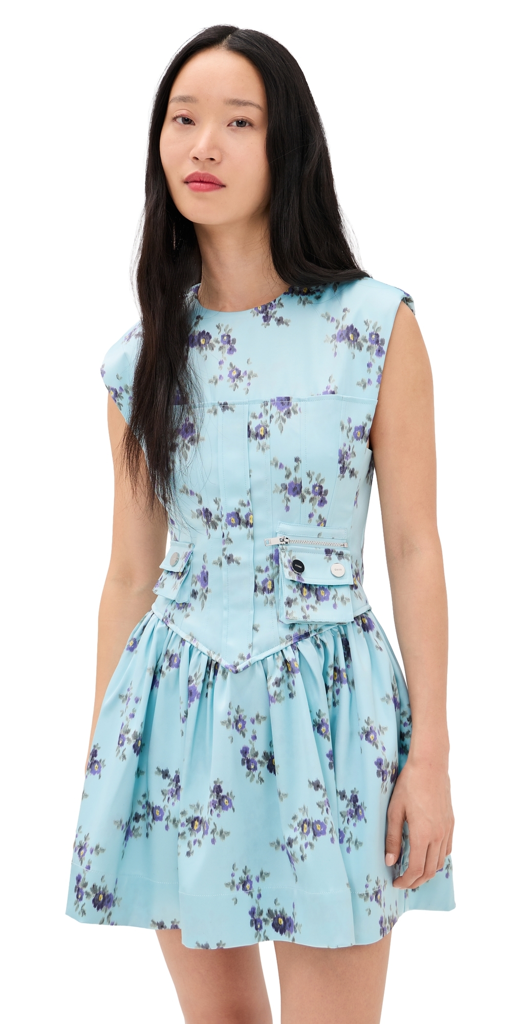 GANNI Printed Double Satin Corset Mini Dress Iced Aqua