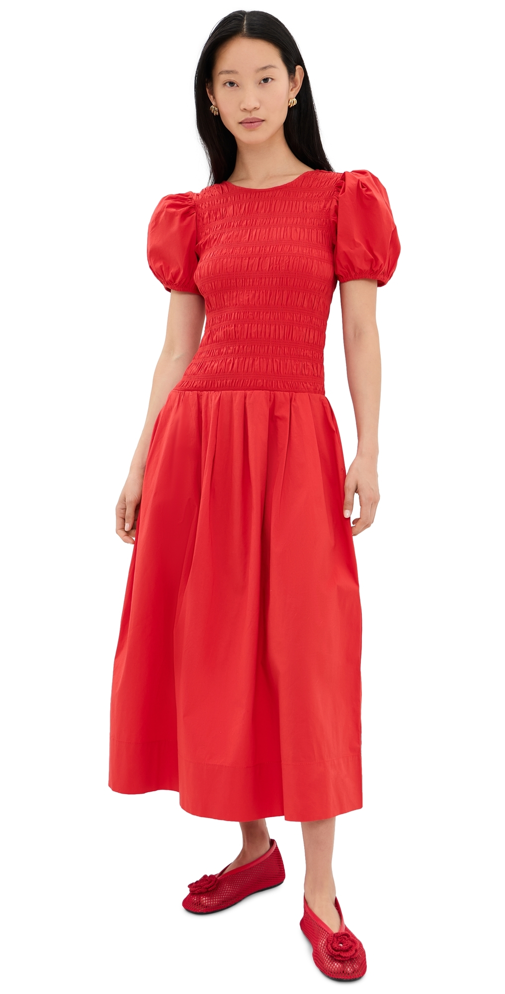 GANNI Smocked Cotton Pleated Dress Goji Berry
