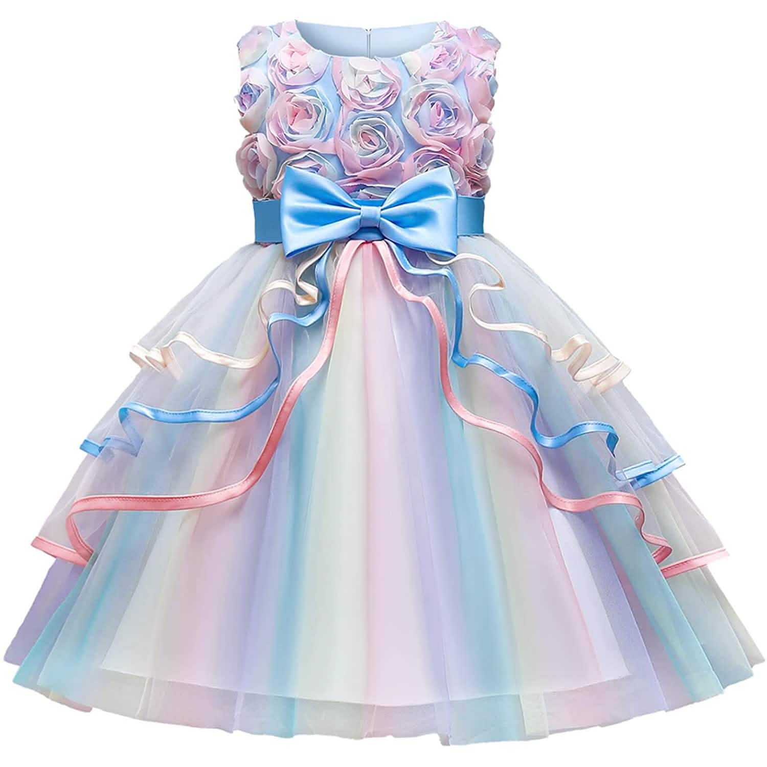 Girl's Rainbow Tulle Lace Dress - Blue -