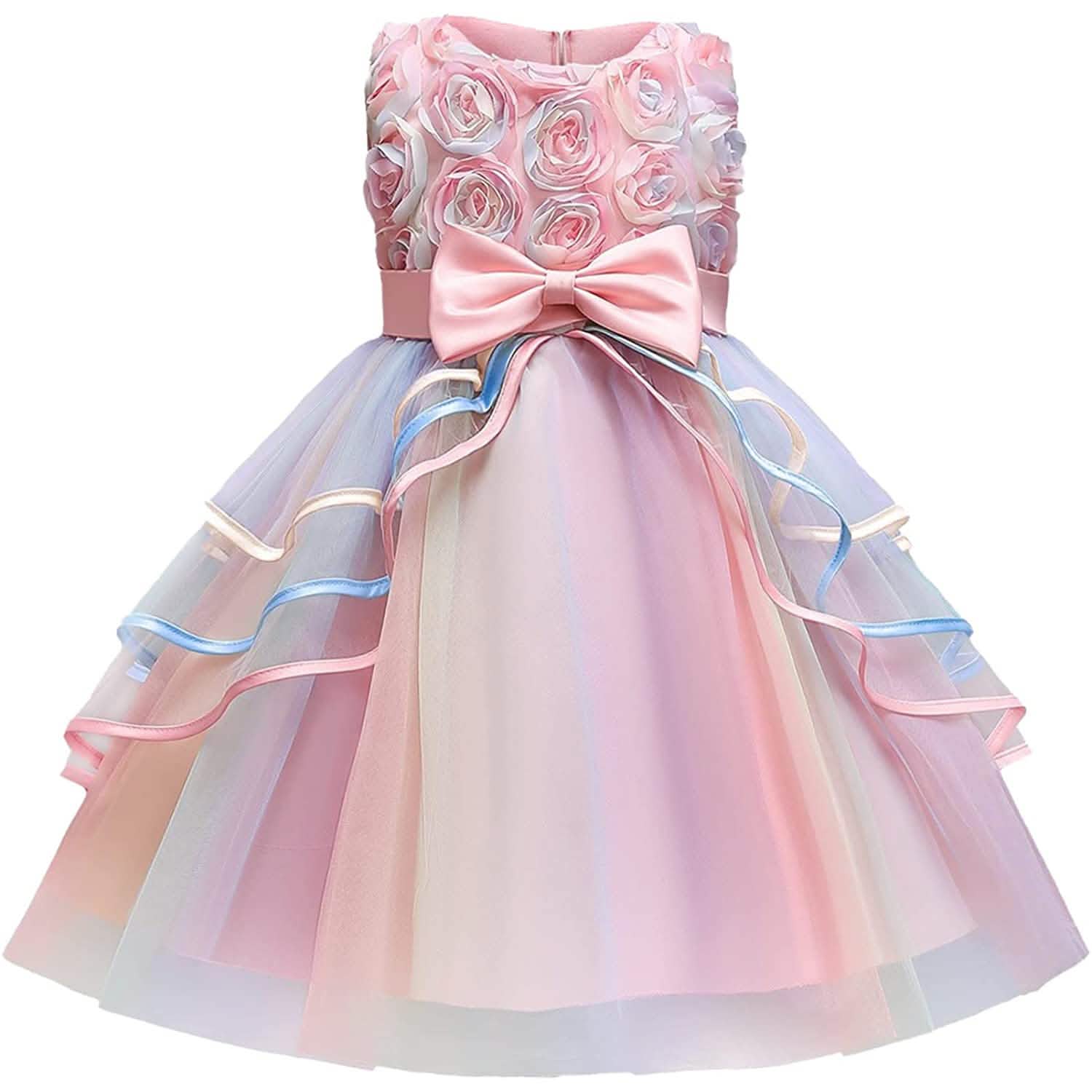 Girl's Rainbow Tulle Lace Dress - Pink -