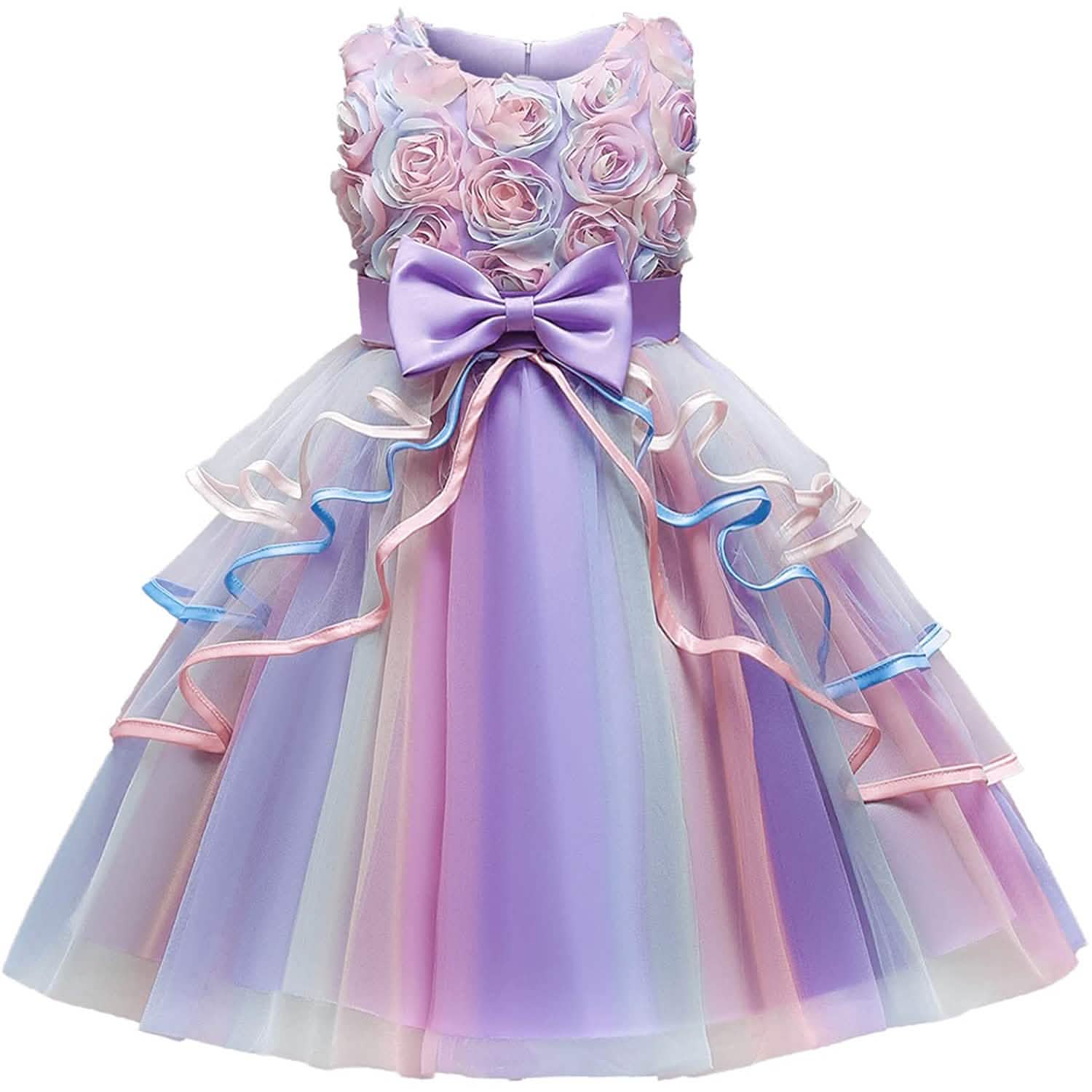Girl's Rainbow Tulle Lace Dress - Purple -