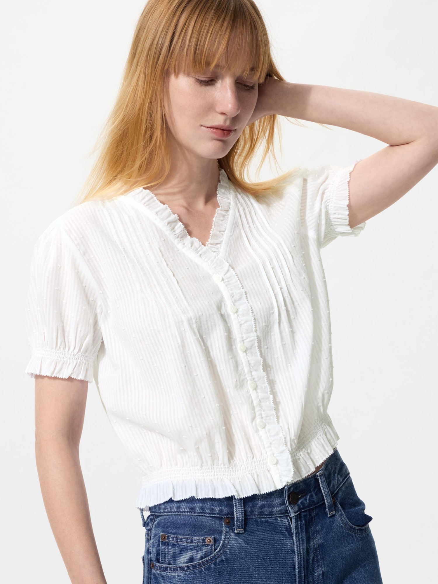 UNIQLO Women's Cotton Dobby V-Neck Blouse, White