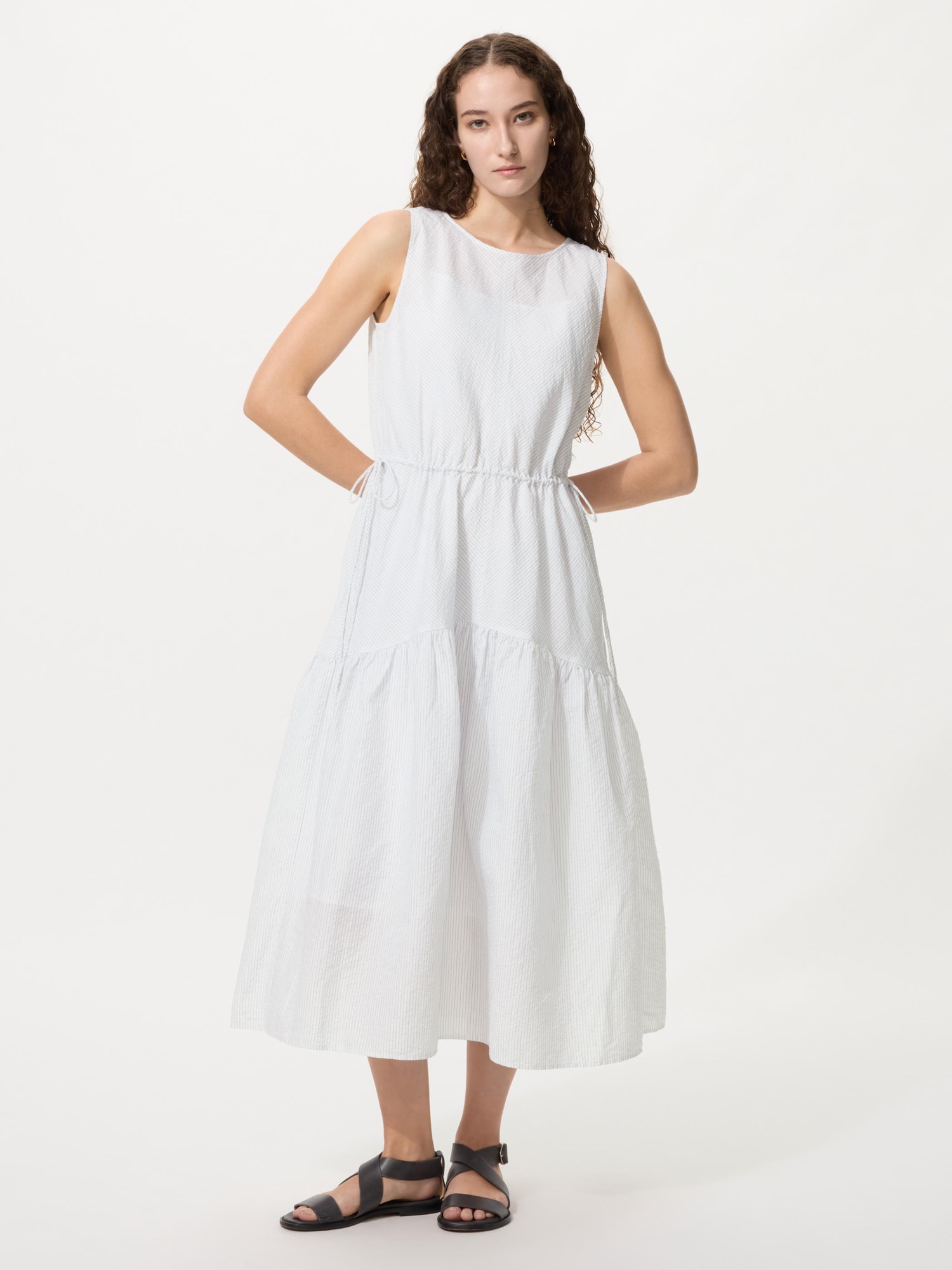 UNIQLO Women's Linen Blend Tiered Dress Stripe, Off White