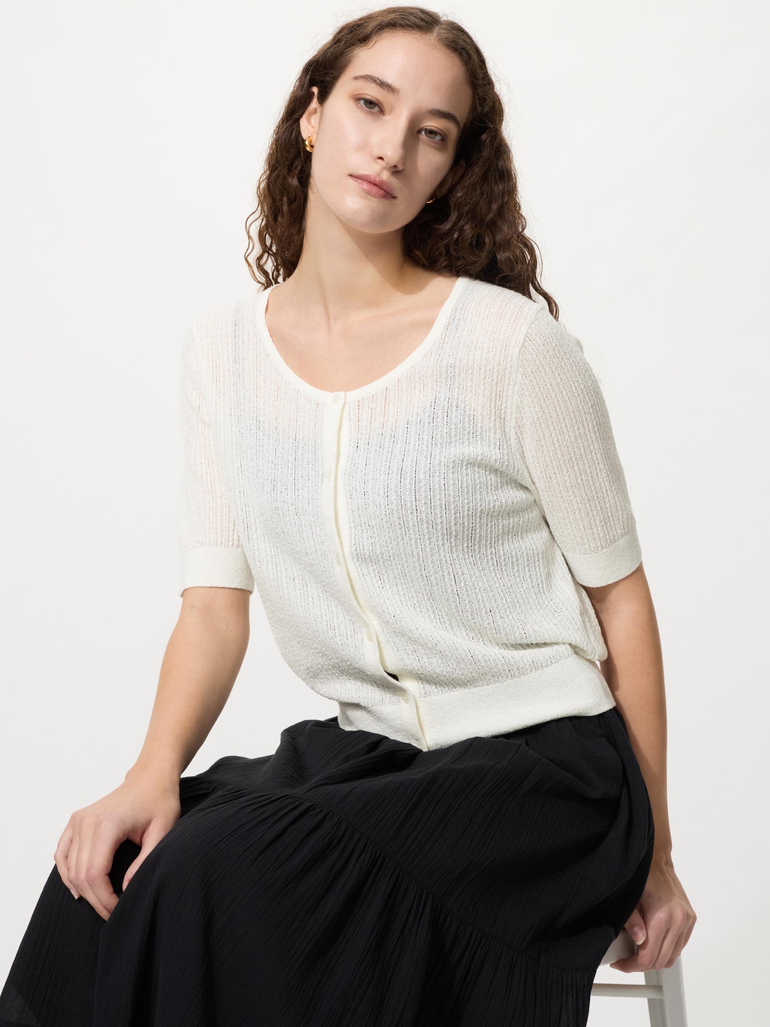 UNIQLO Women's Sheer Lace Cardigan Short Sleeve, Off White, Small