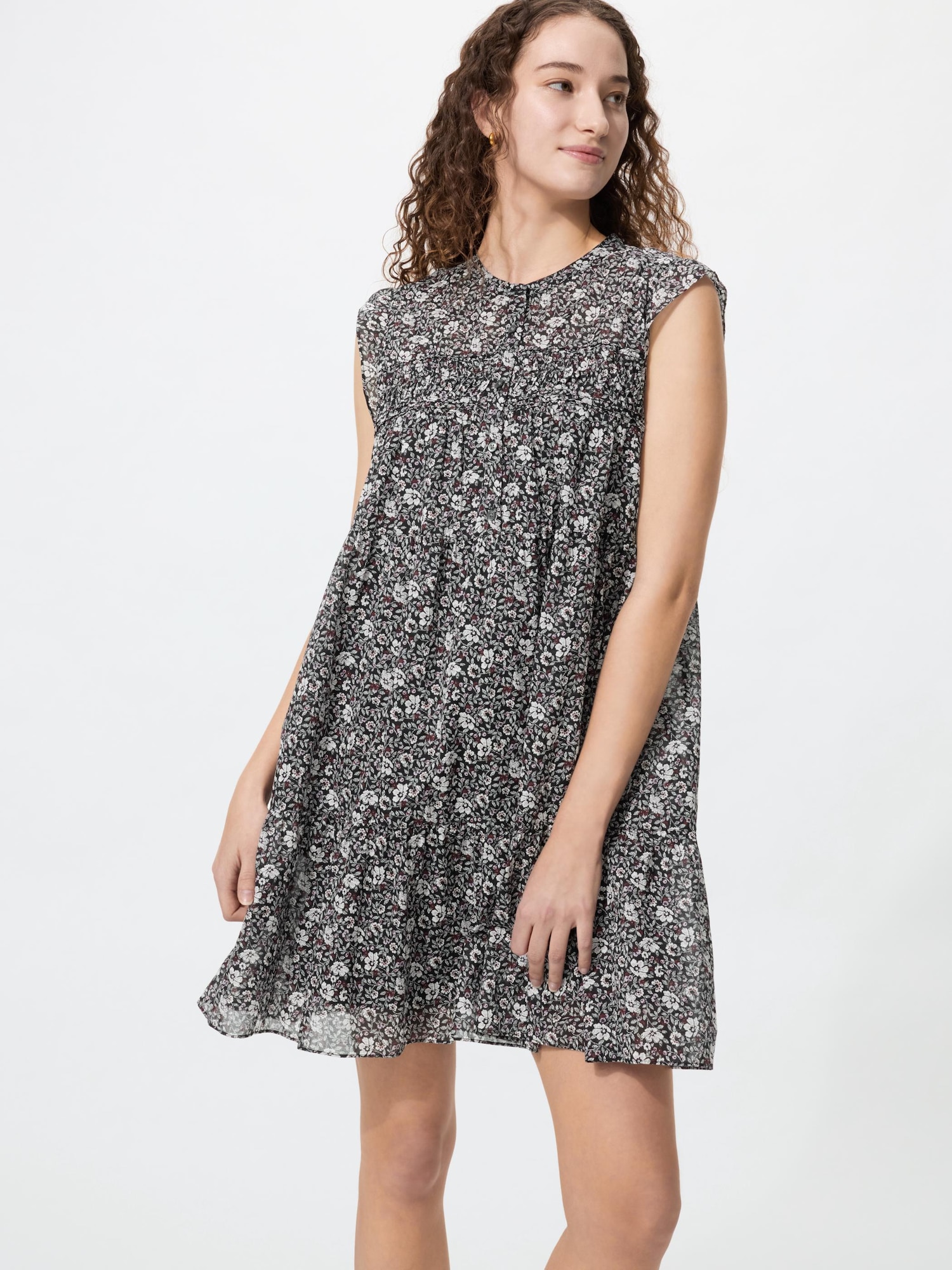 UNIQLO Women's Light Cotton Tiered Dress Print, Black