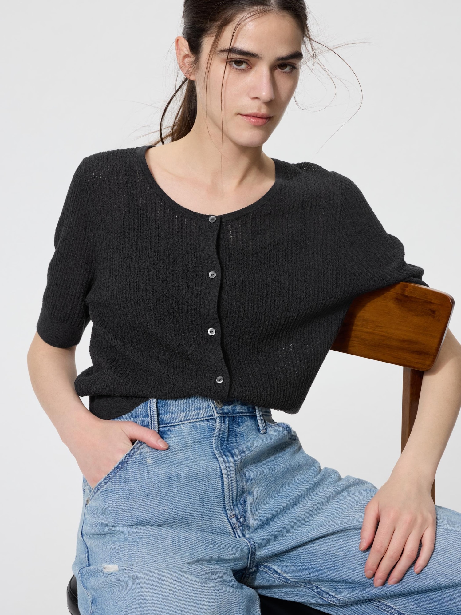 UNIQLO Women's Sheer Lace Cardigan Short Sleeve, Black, Large