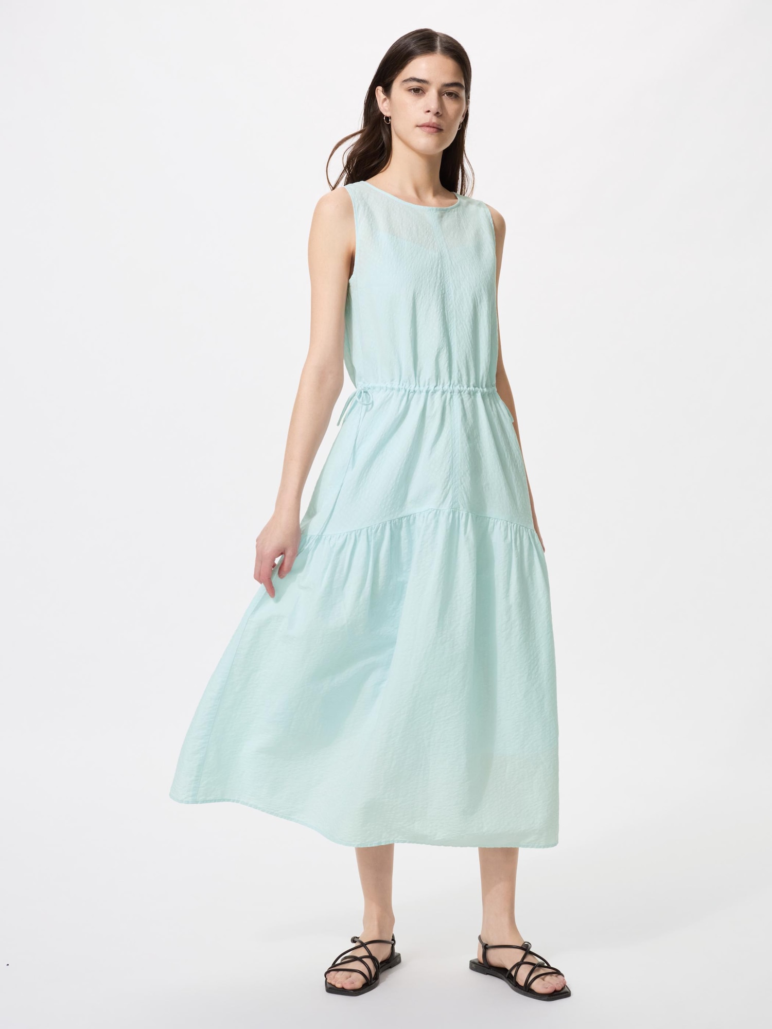 UNIQLO Women's Linen Blend Tiered Dress, Light Blue, Medium
