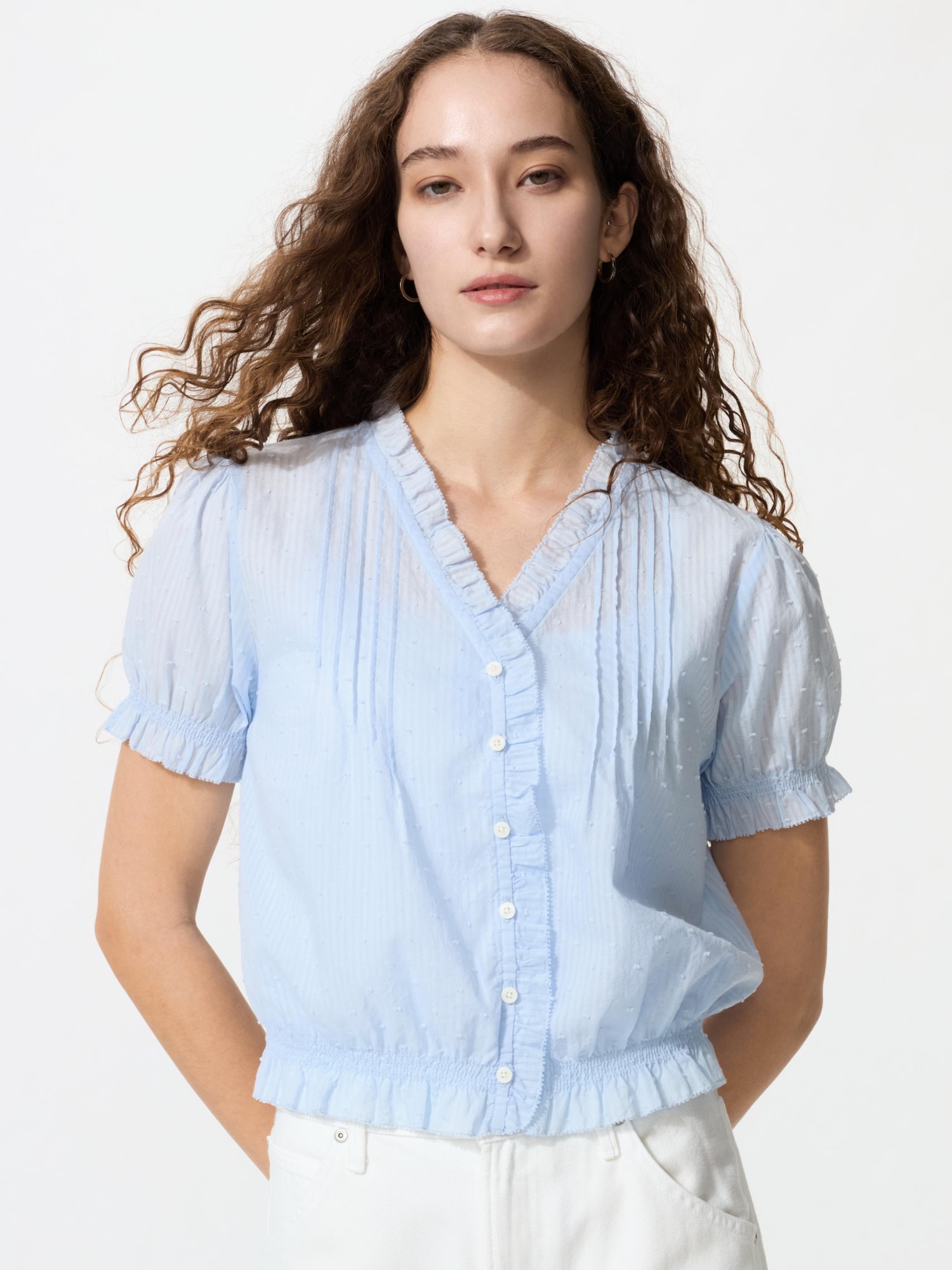 UNIQLO Women's Cotton Dobby V-Neck Blouse, Light Blue, Medium, % Cotton