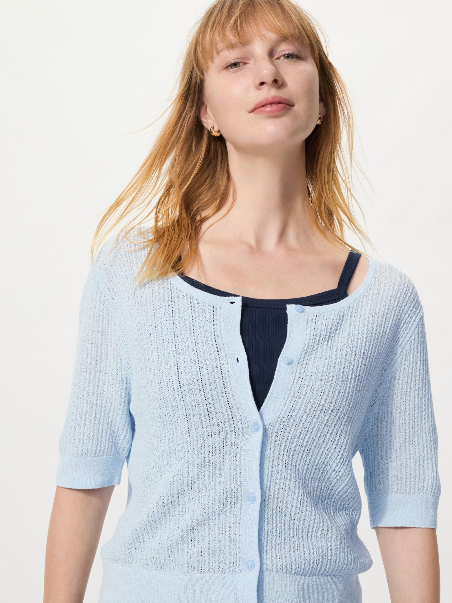 UNIQLO Women's Sheer Lace Cardigan Short Sleeve, Light Blue, Large