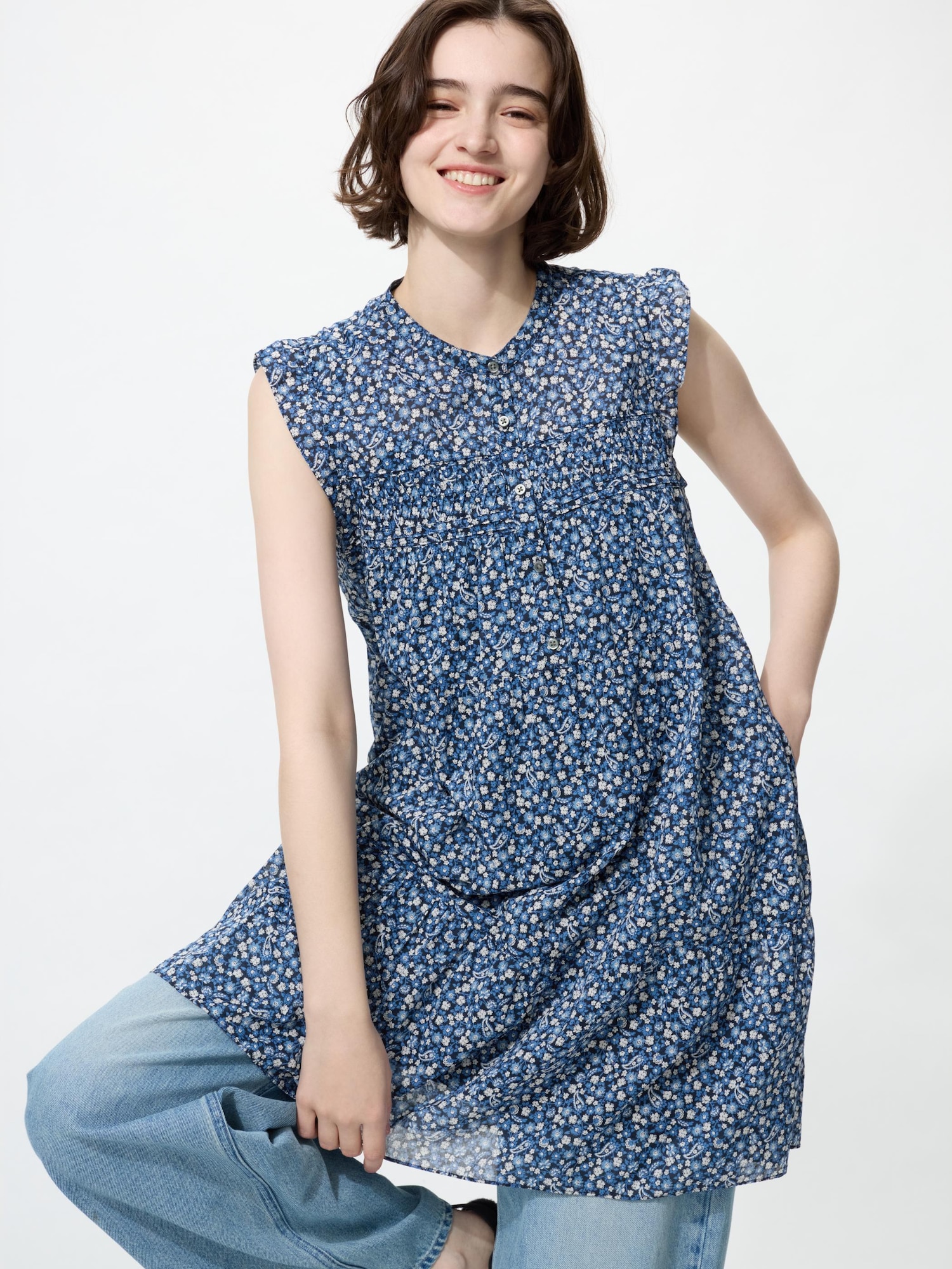 UNIQLO Women's Light Cotton Tiered Dress Print, Blue