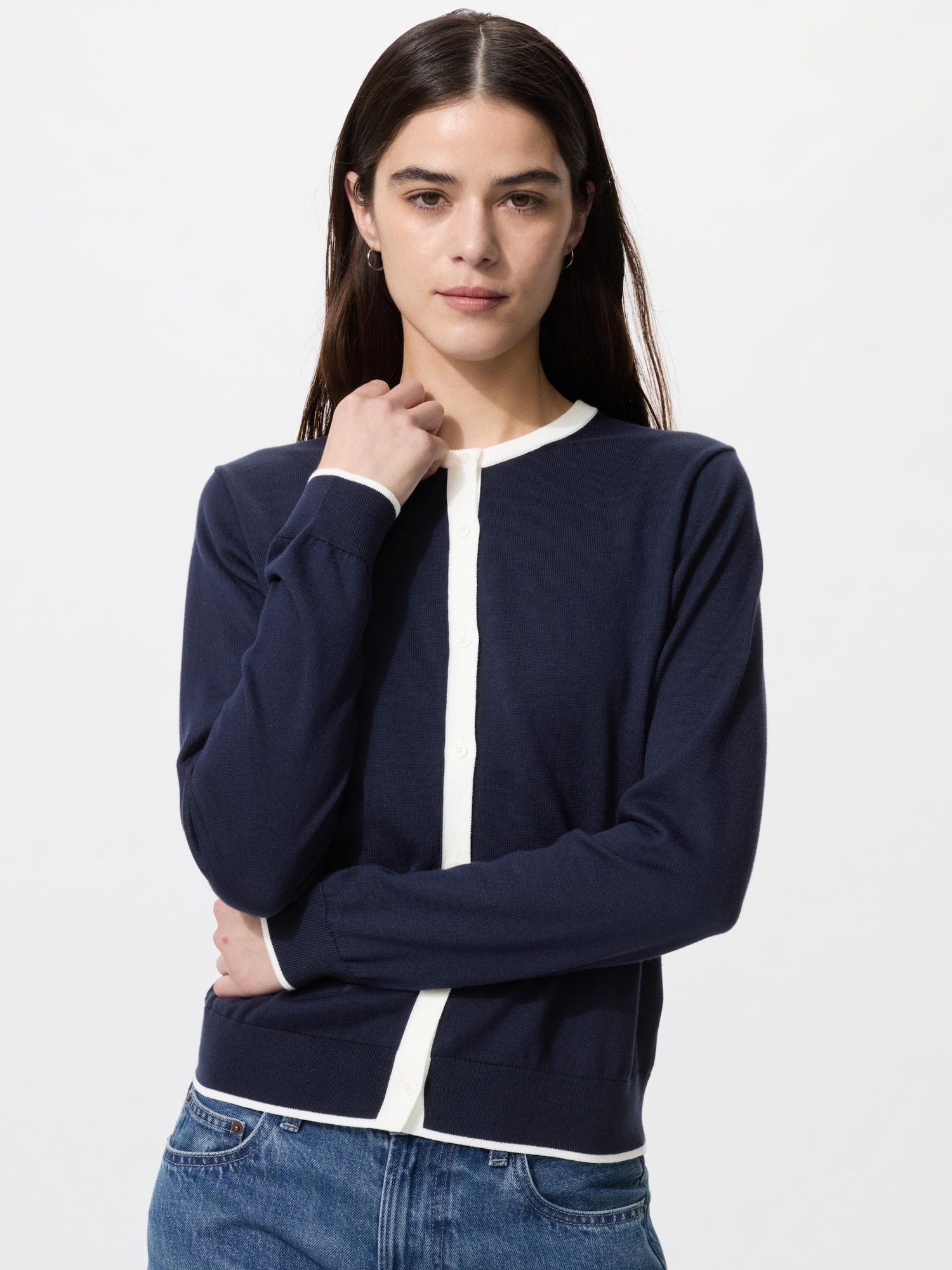 UNIQLO Women's UV Protection Cardigan Color Block, Navy, Large