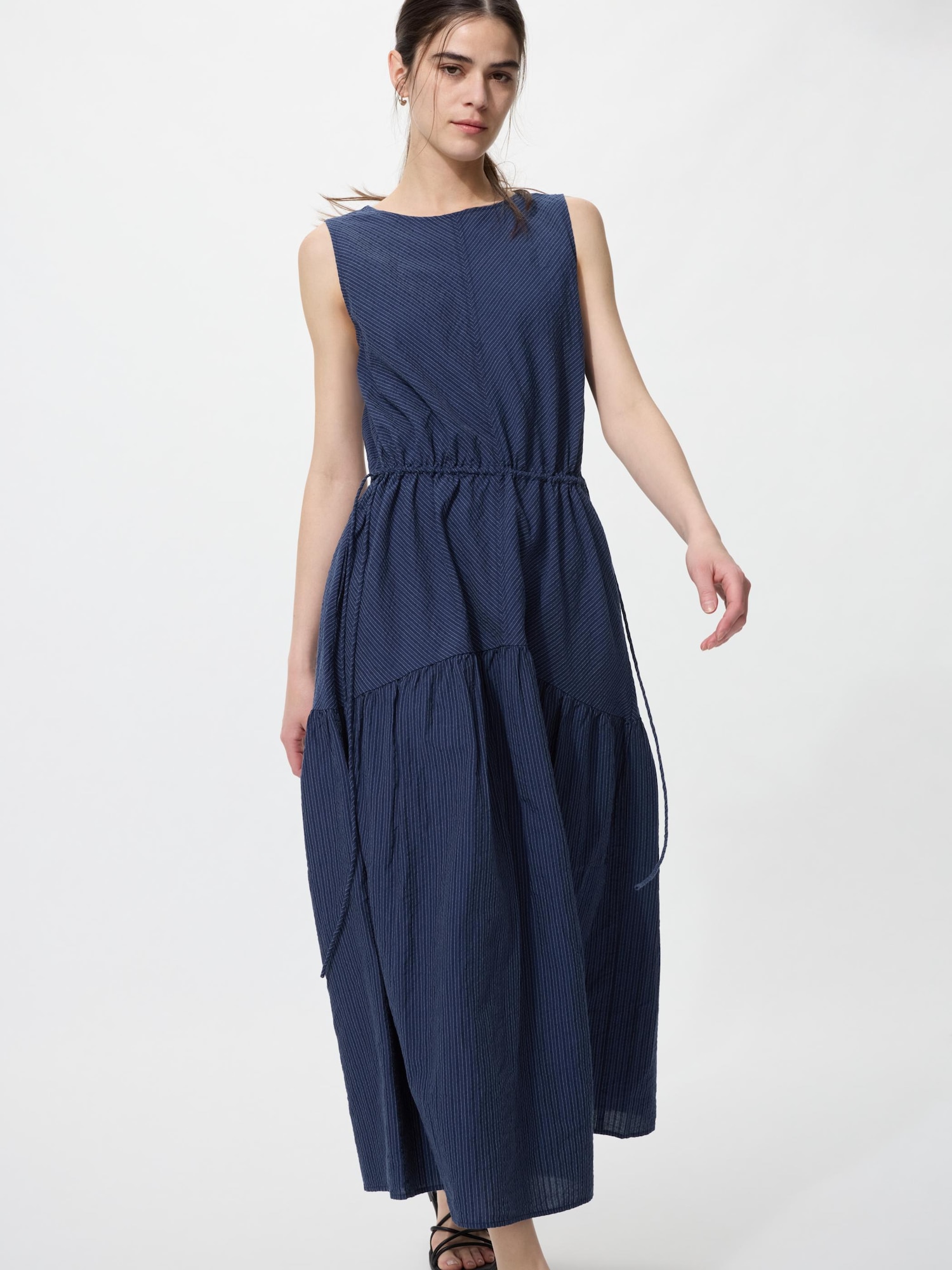 UNIQLO Women's Linen Blend Tiered Dress Stripe, Navy, Medium