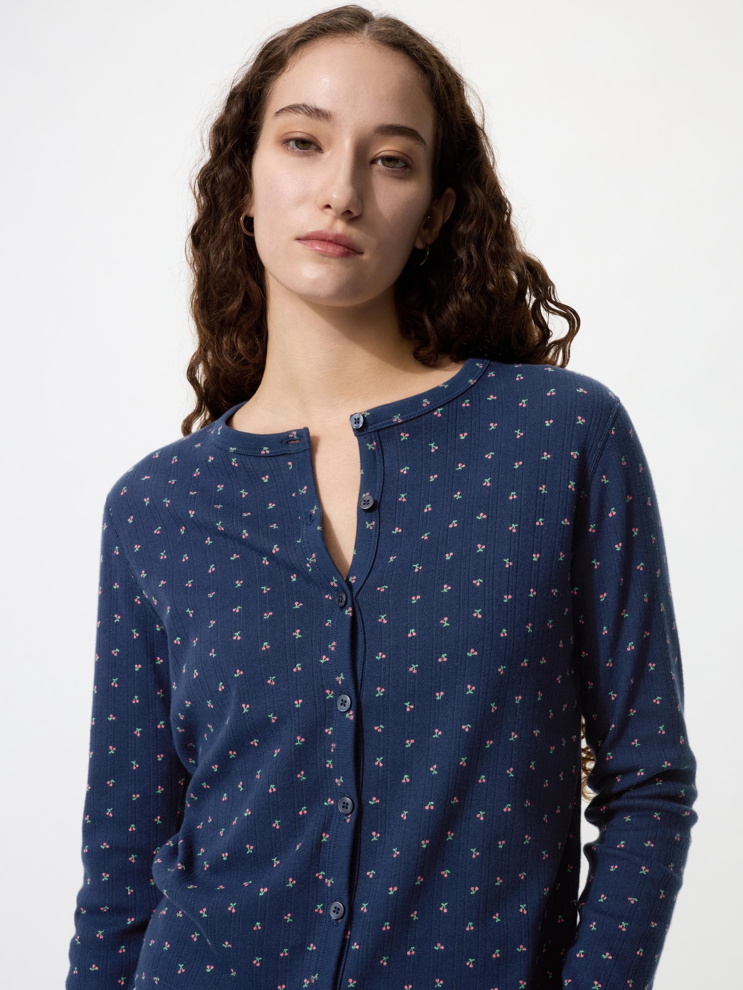 UNIQLO Women's Pointelle Cardigan Printed, Navy