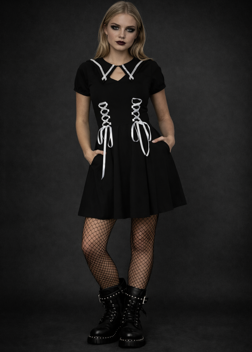 Gothic Black Corset Lace Dress - Black