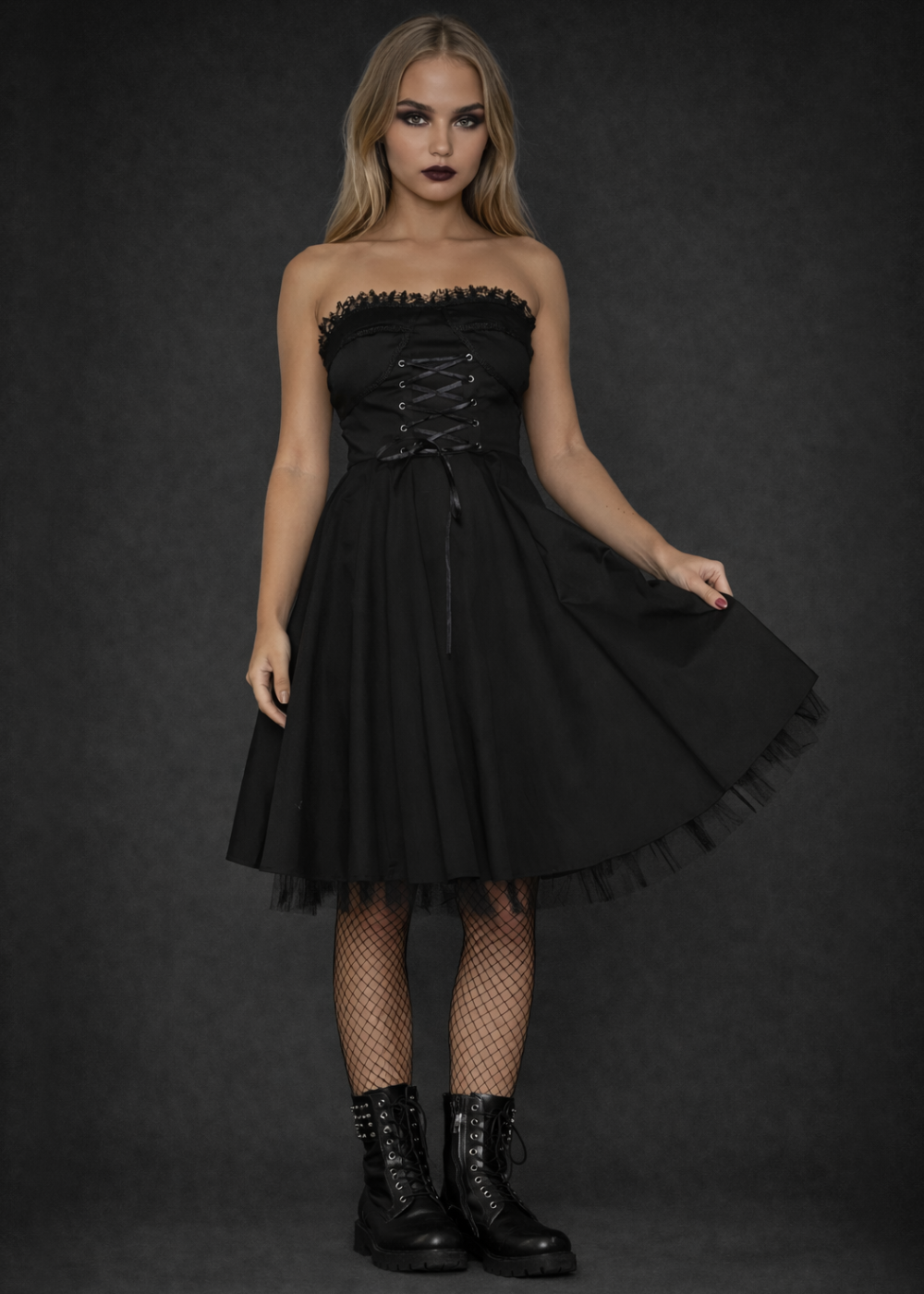 Strapless Gothic Dress with Corset Lacing - Black
