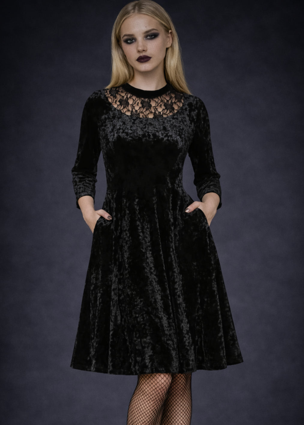 Black Velvet Gothic Dress with Lace Details - Black