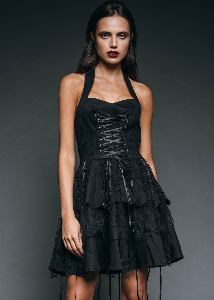Astrid Gothic Mini Dress with Corset Lacing - Black