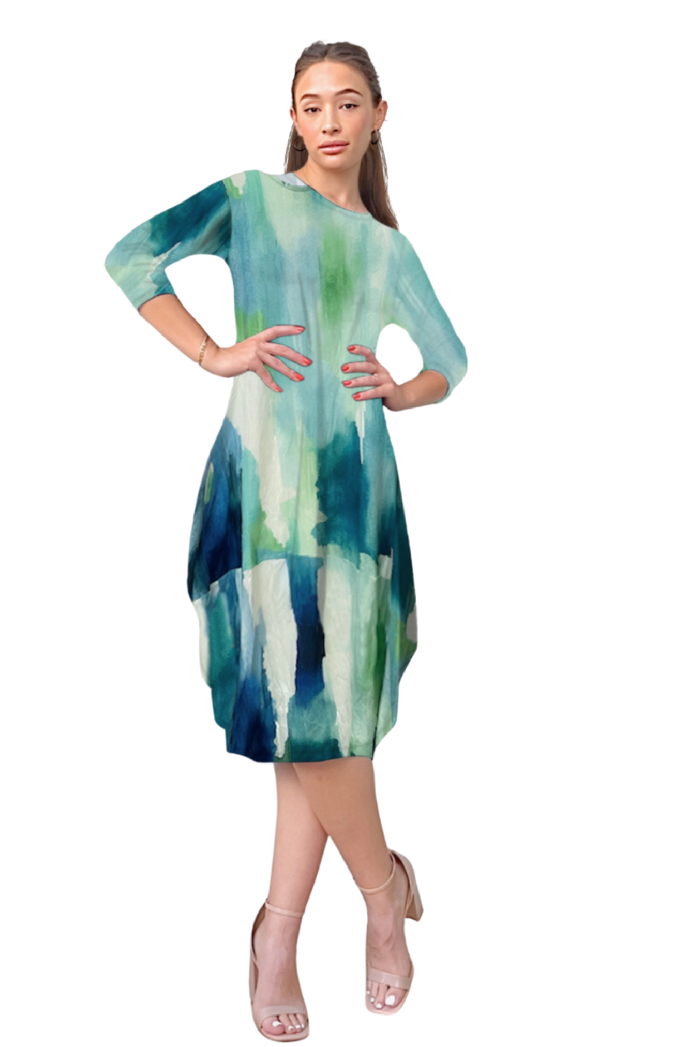 Sleeve Tulip Cocoon Dress - Mid-Calf Length with Pockets - Black Olive Snakeskin Large