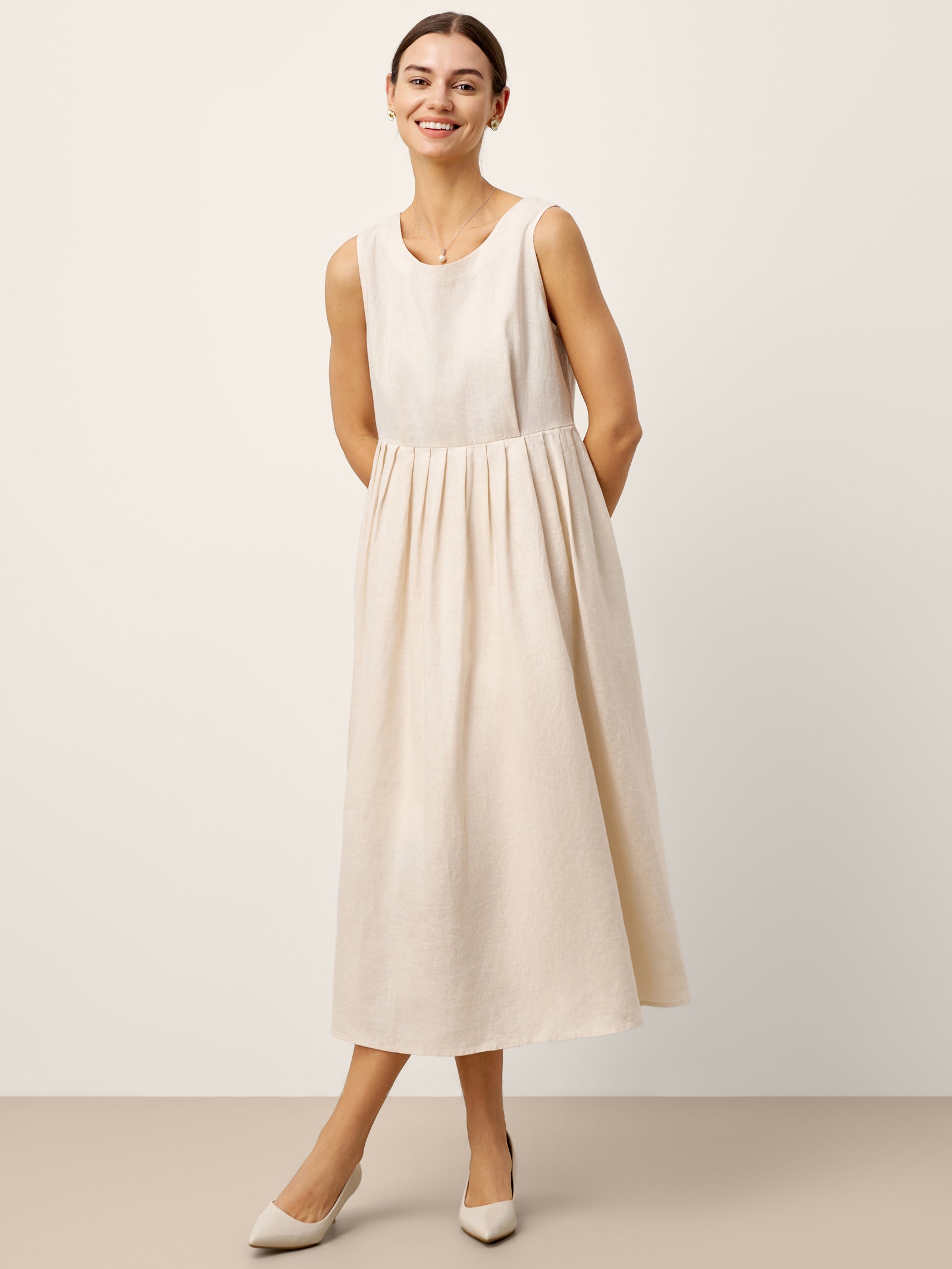 % Linen Sleeveless Crew Neck Waist Pleated Midi Dress SELENE