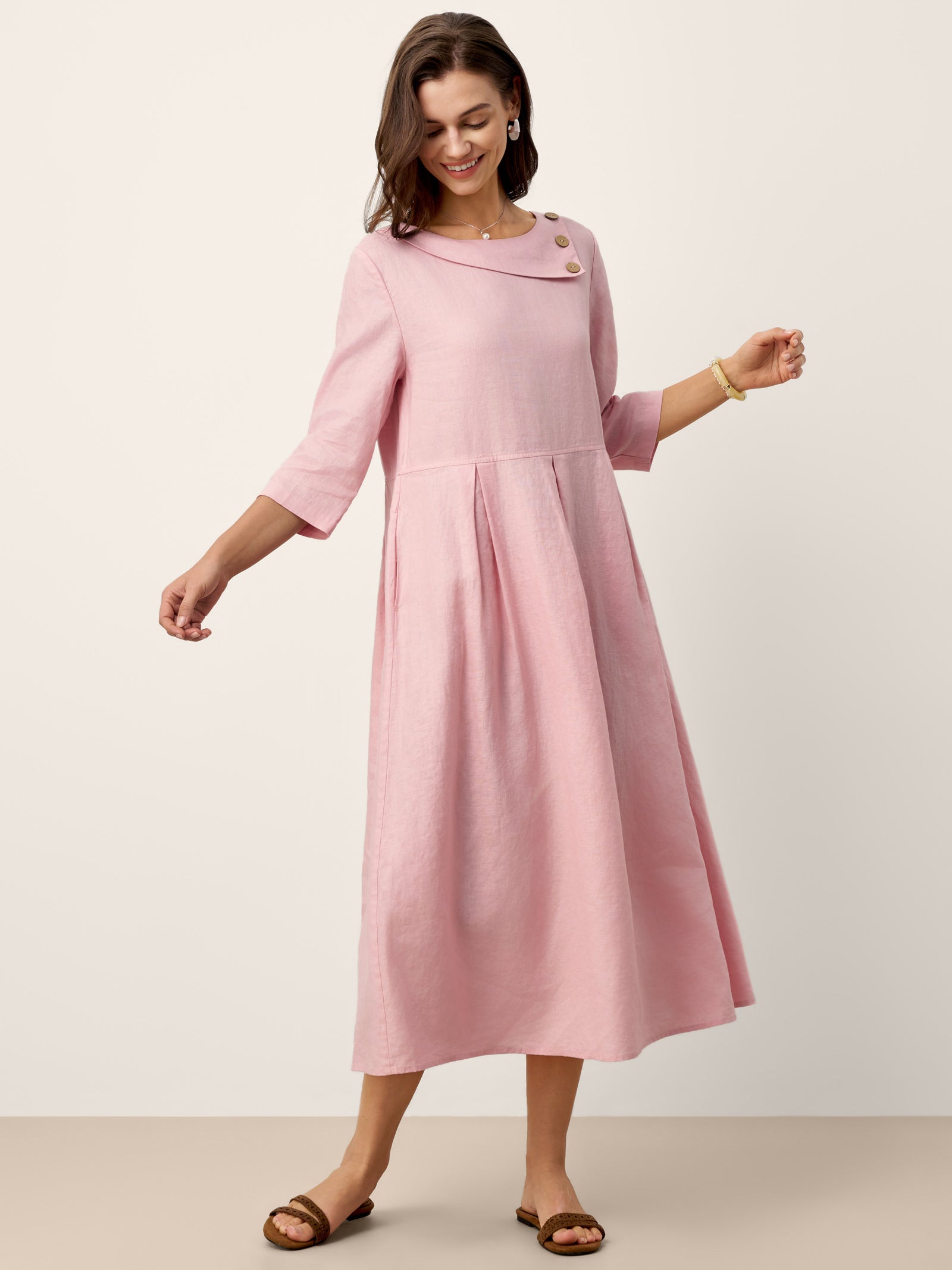 % Linen Crescent Neck Decorative Button Waist Pleated Midi Dress GWENYTH