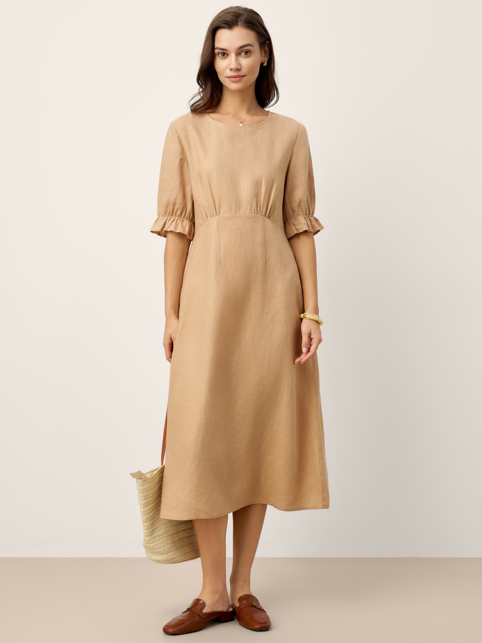 % Linen Round Neck High Waist Ruffle Sleeve Maxi Dress ZEPHYRA