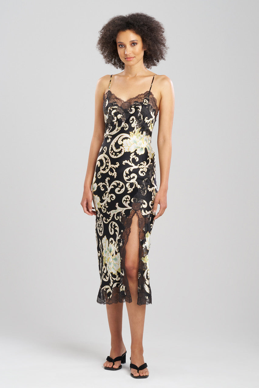 Camille Floral Scroll Lace Slit Silk Slip Dress - BlackGold