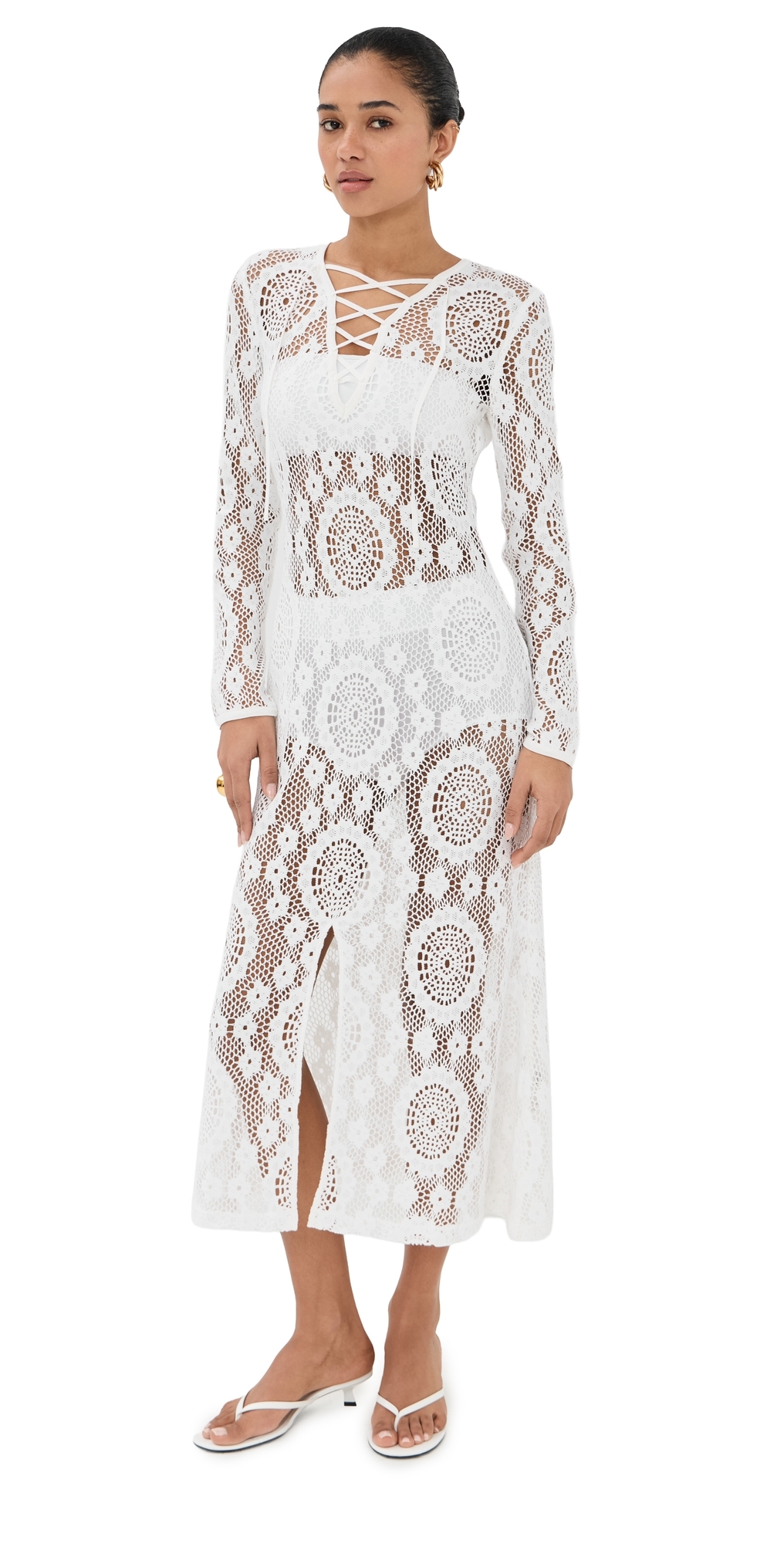 SIMKHAI Hawthorne Long Sleeve Lace Up Midi Dress White